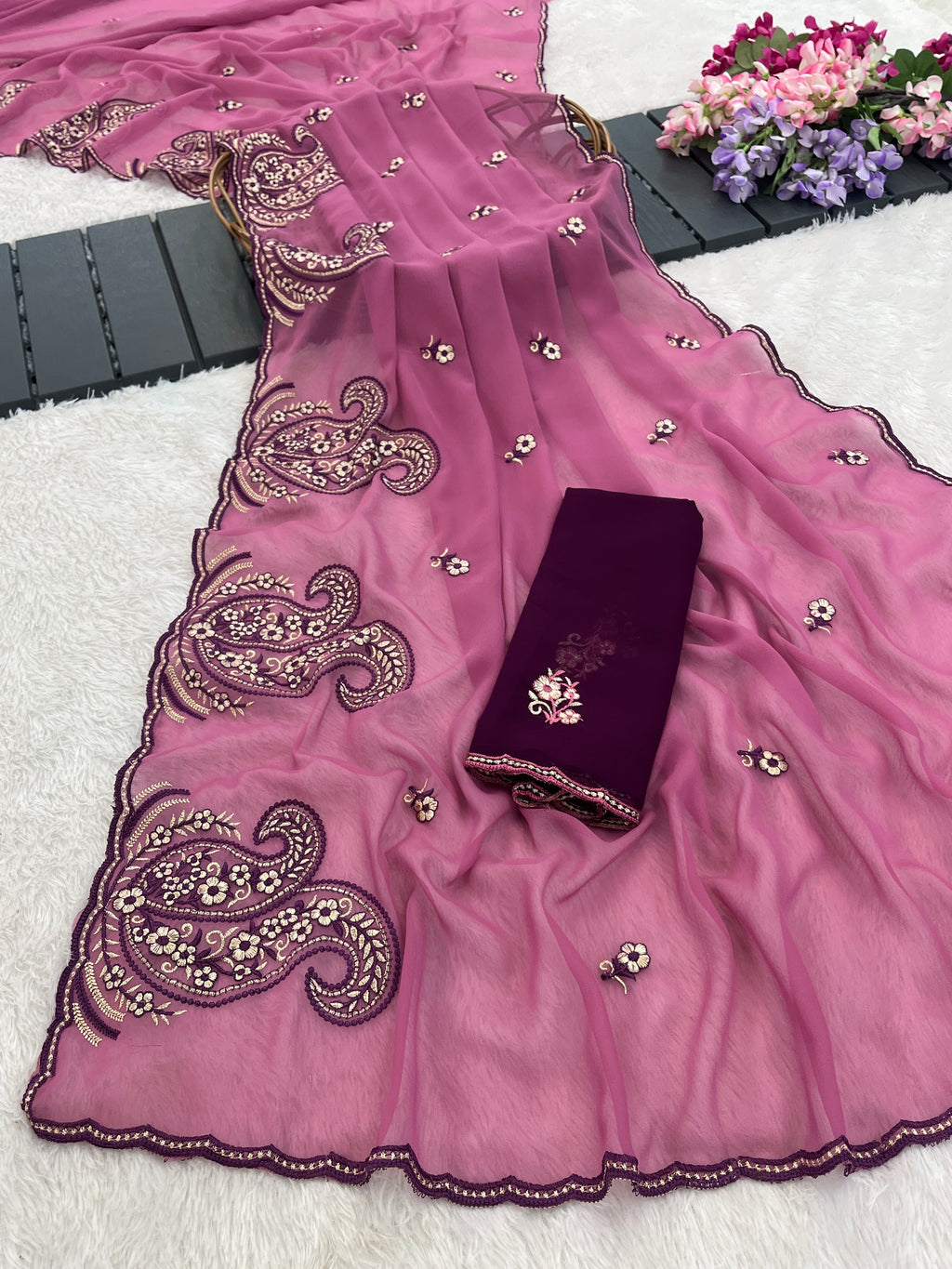NIHARIKA Georgette Embellished Embroidered Saree - Dusty Pink