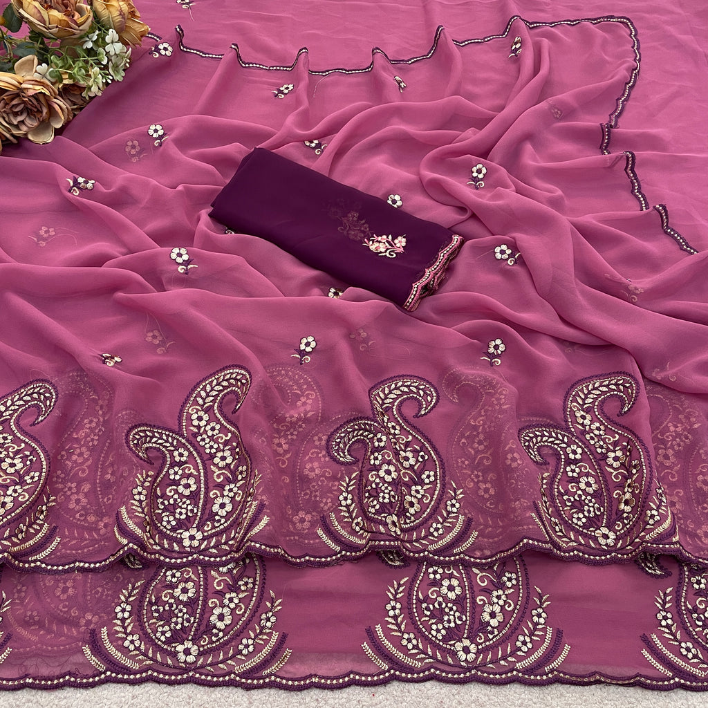 NIHARIKA Georgette Embellished Embroidered Saree - Dusty Pink