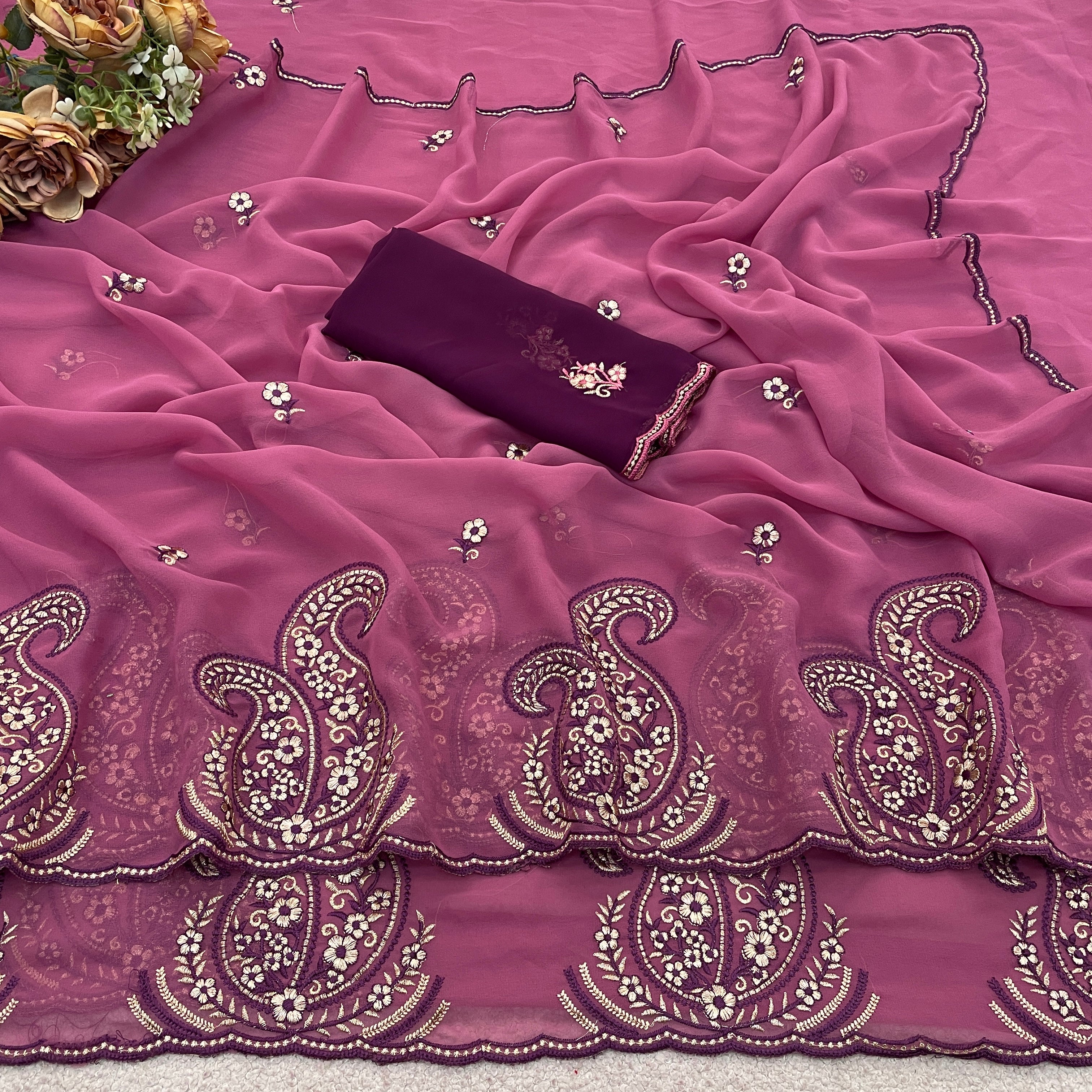 NIHARIKA Georgette Embellished Embroidered Saree - Dusty Pink