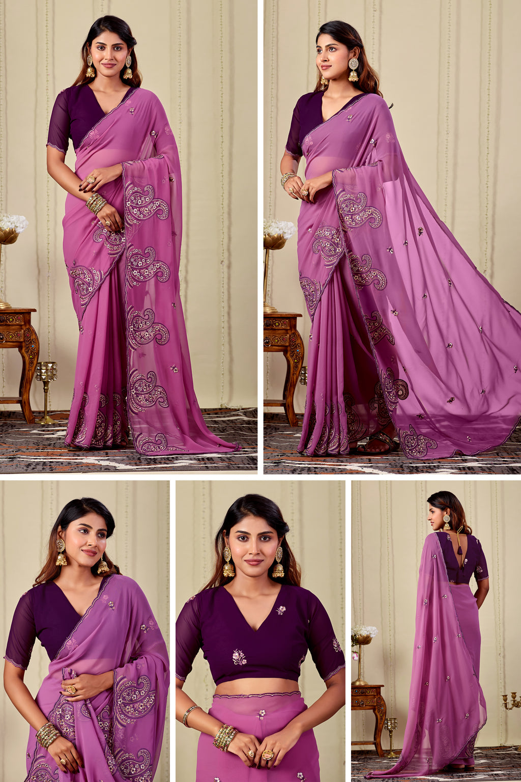 NIHARIKA Georgette Embellished Embroidered Saree - Dusty Pink