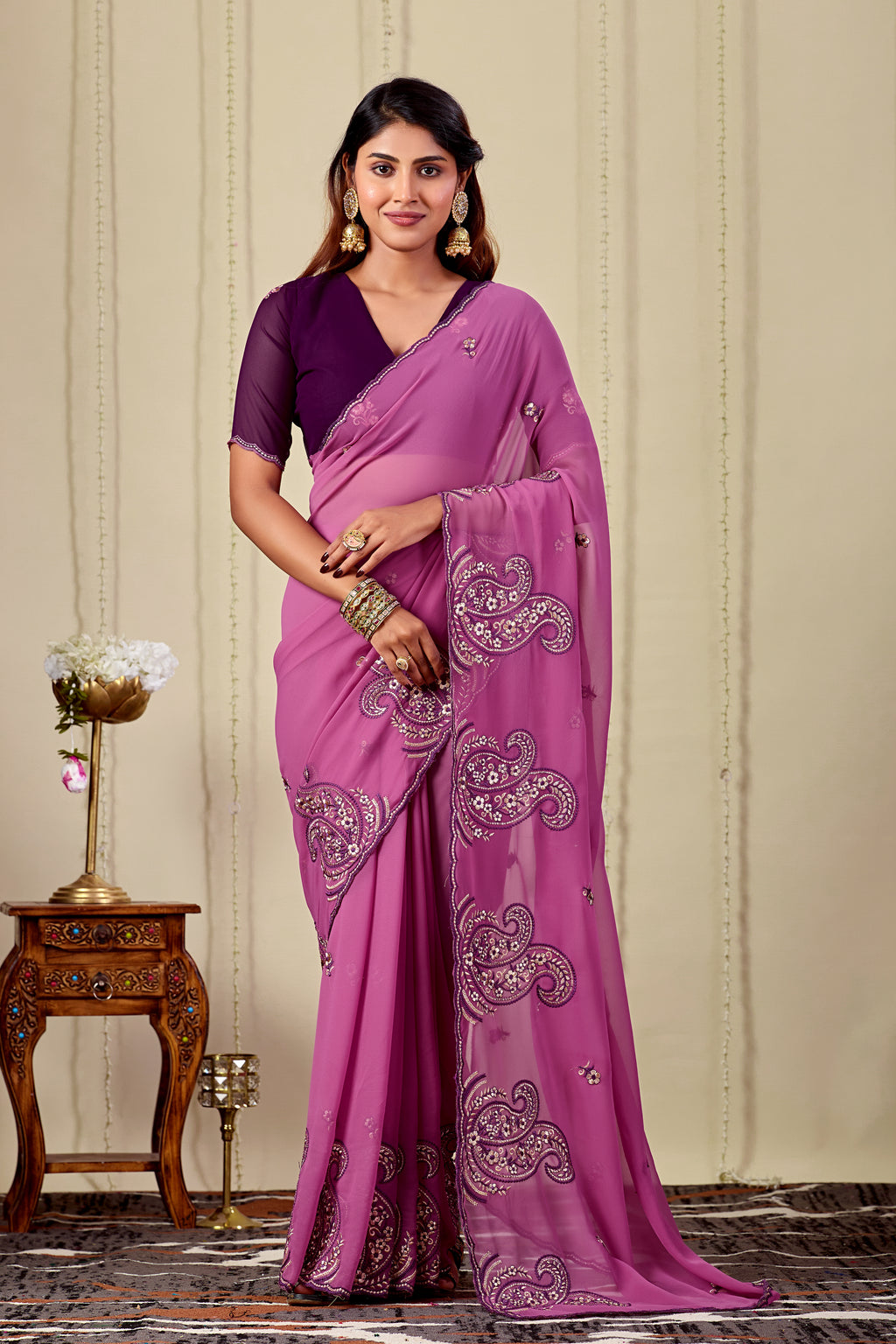 NIHARIKA Georgette Embellished Embroidered Saree - Dusty Pink