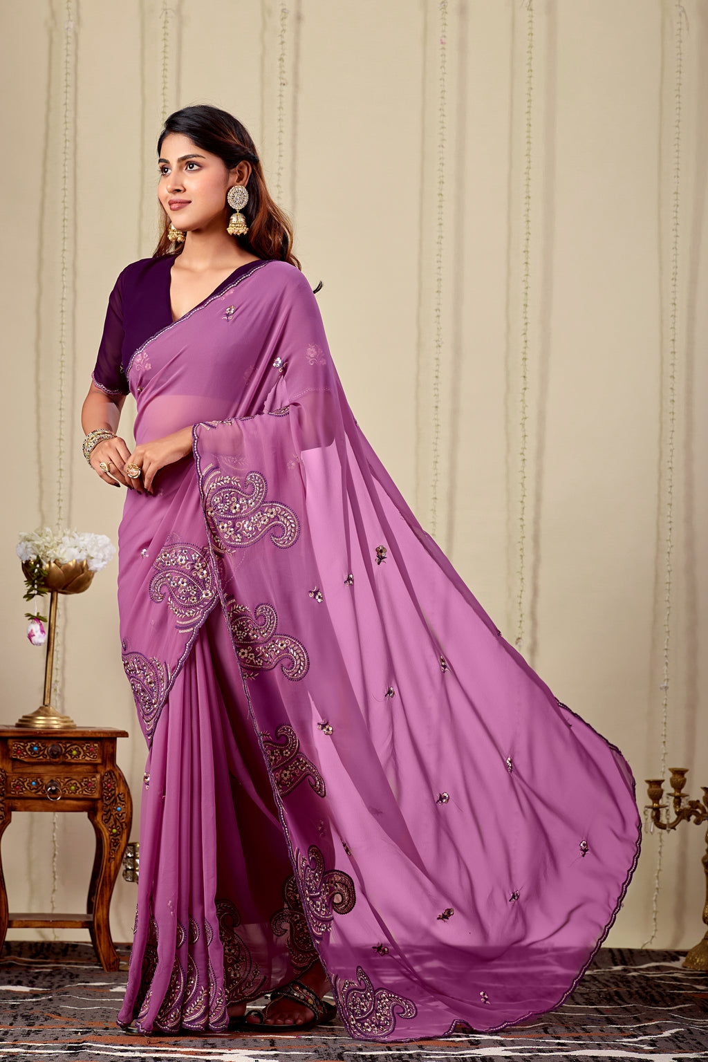 NIHARIKA Georgette Embellished Embroidered Saree - Dusty Pink