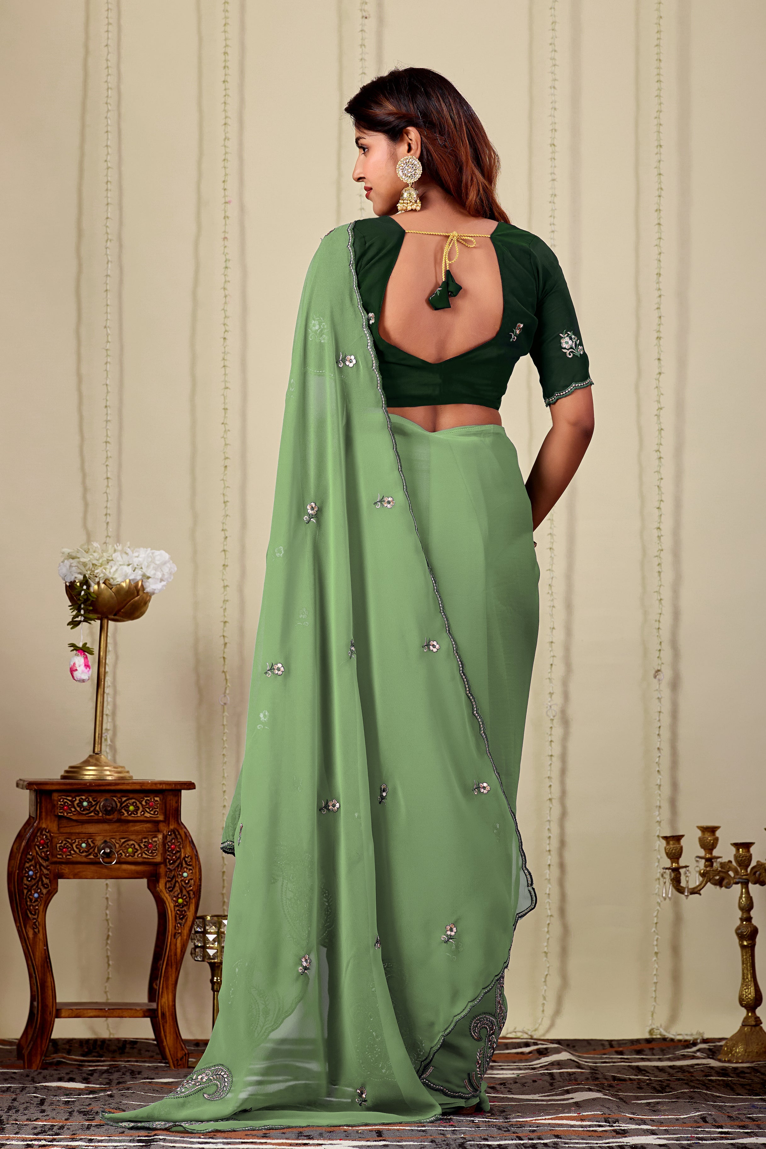 NIHARIKA Georgette Embellished Embroidered Saree - Dusty Pista