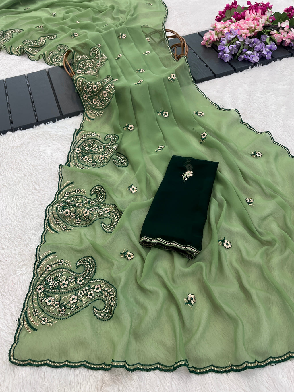 NIHARIKA Georgette Embellished Embroidered Saree - Dusty Pista