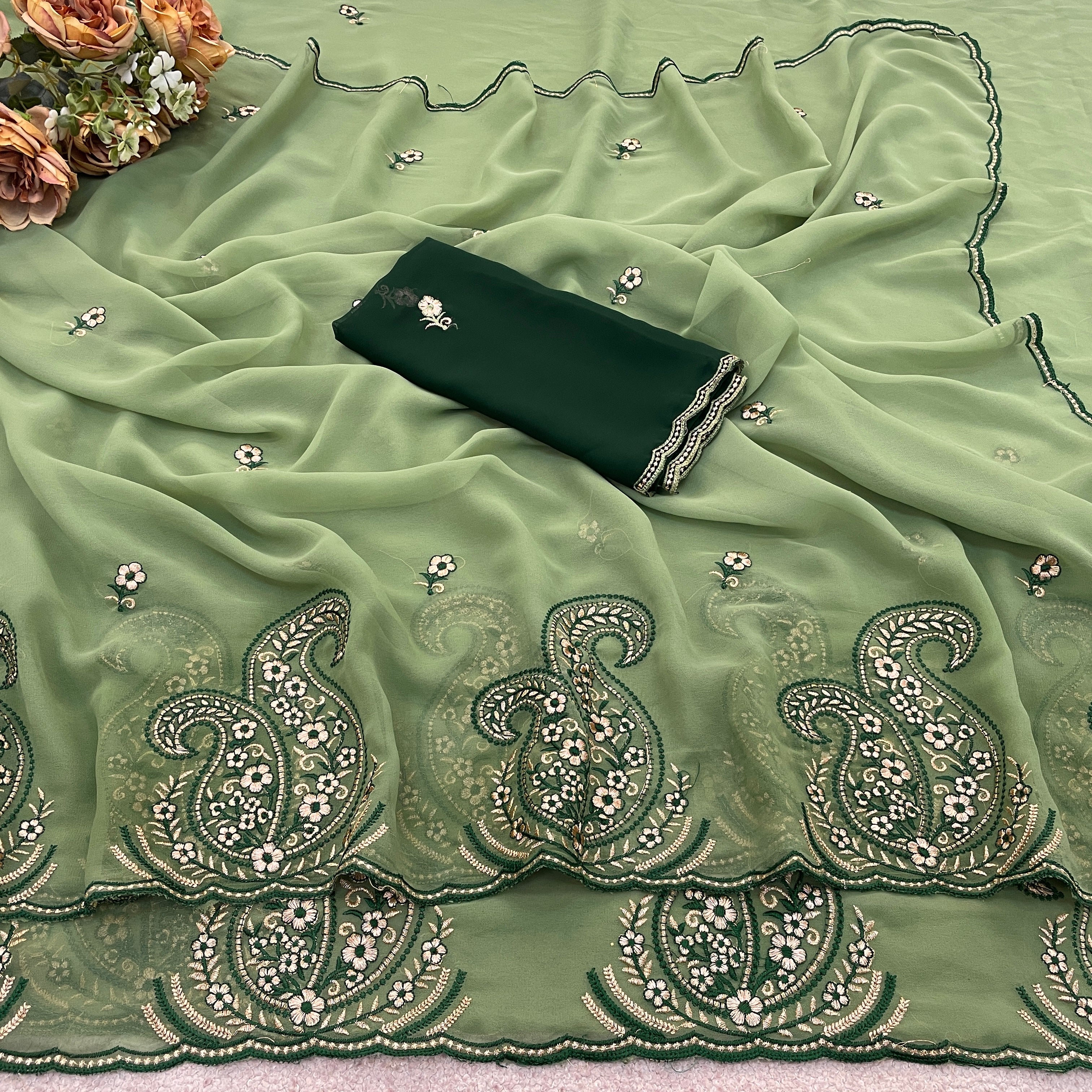 NIHARIKA Georgette Embellished Embroidered Saree - Dusty Pista