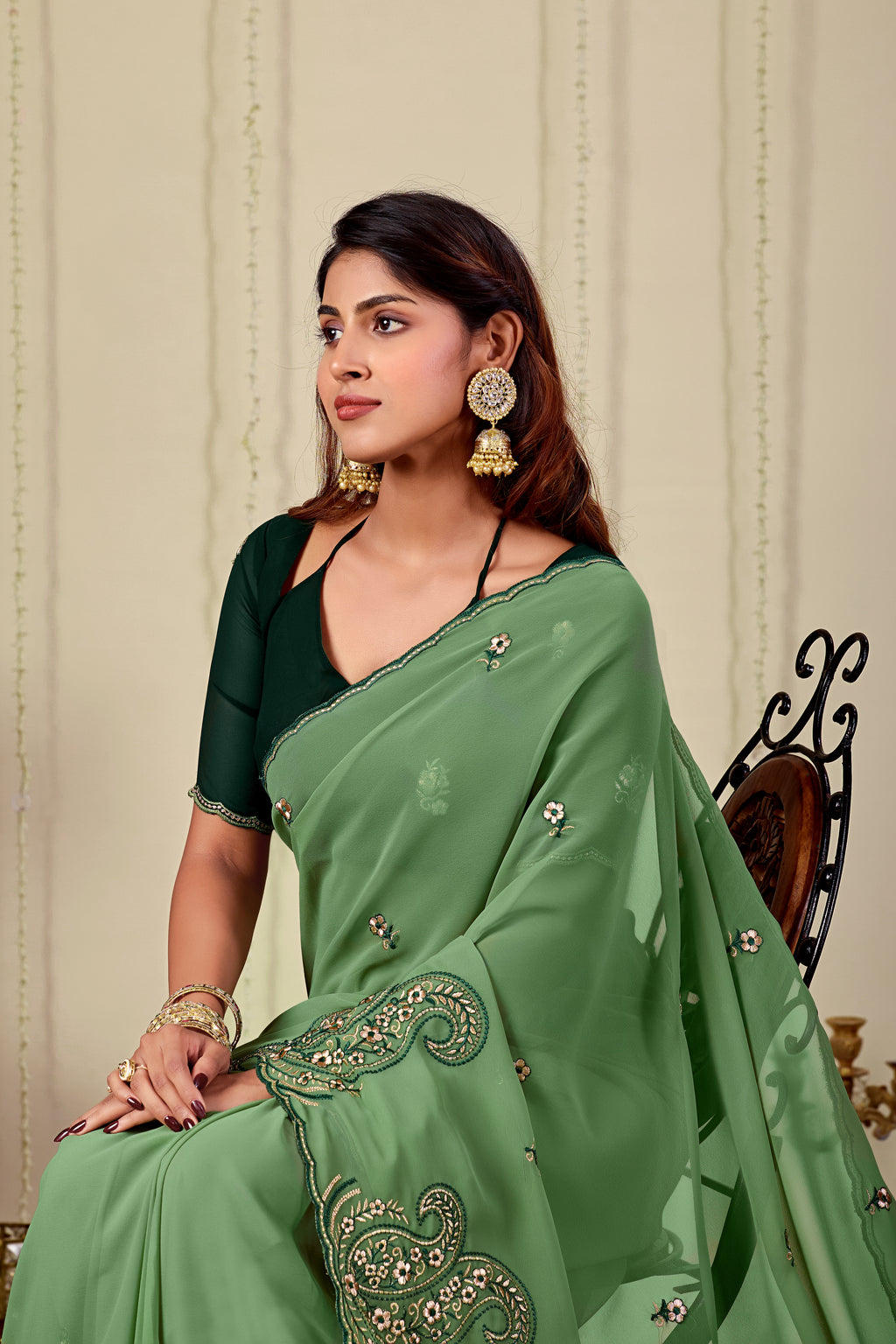 NIHARIKA Georgette Embellished Embroidered Saree - Dusty Pista
