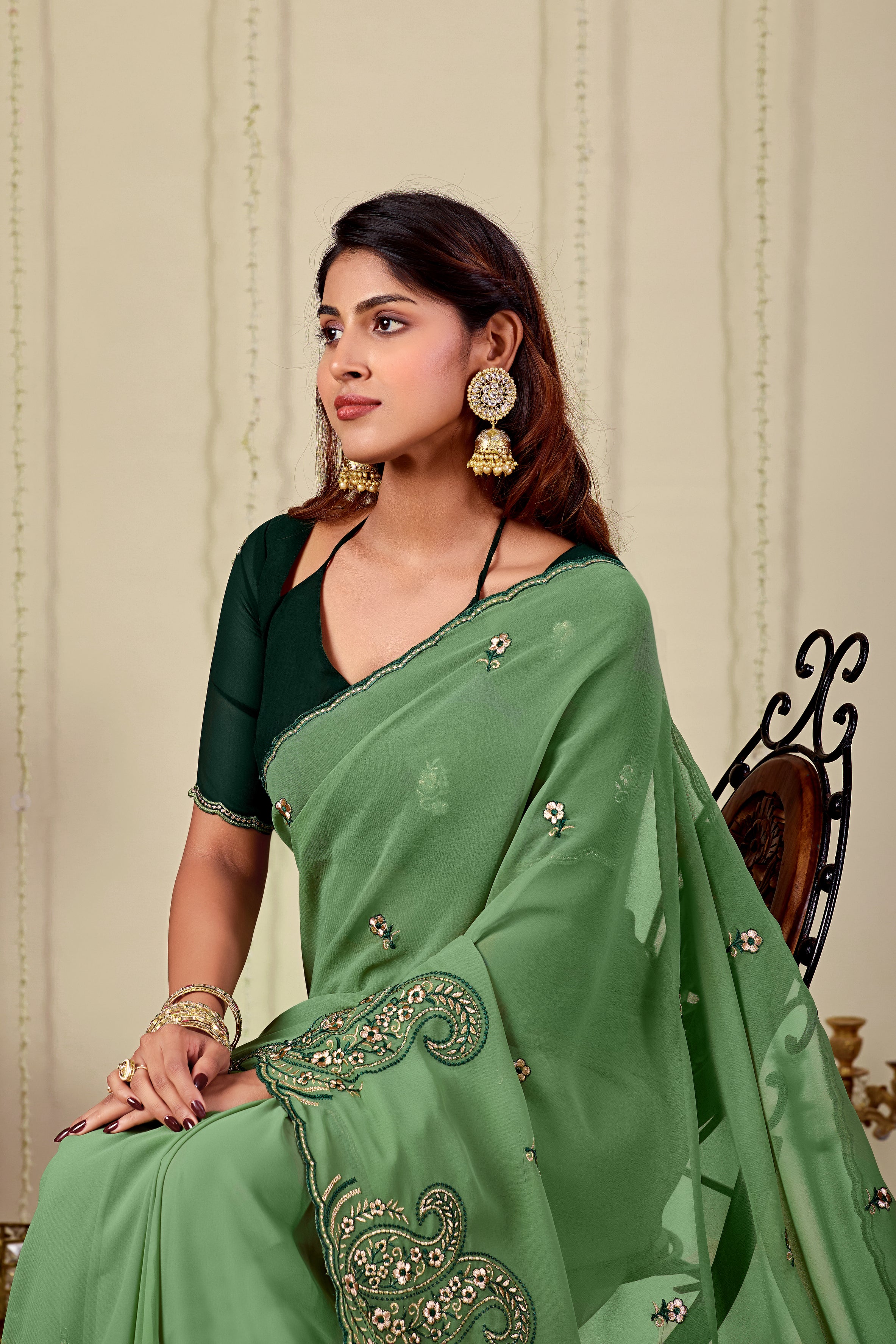 NIHARIKA Georgette Embellished Embroidered Saree - Dusty Pista