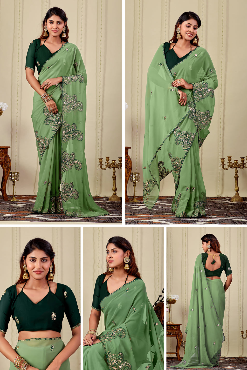NIHARIKA Georgette Embellished Embroidered Saree - Dusty Pista
