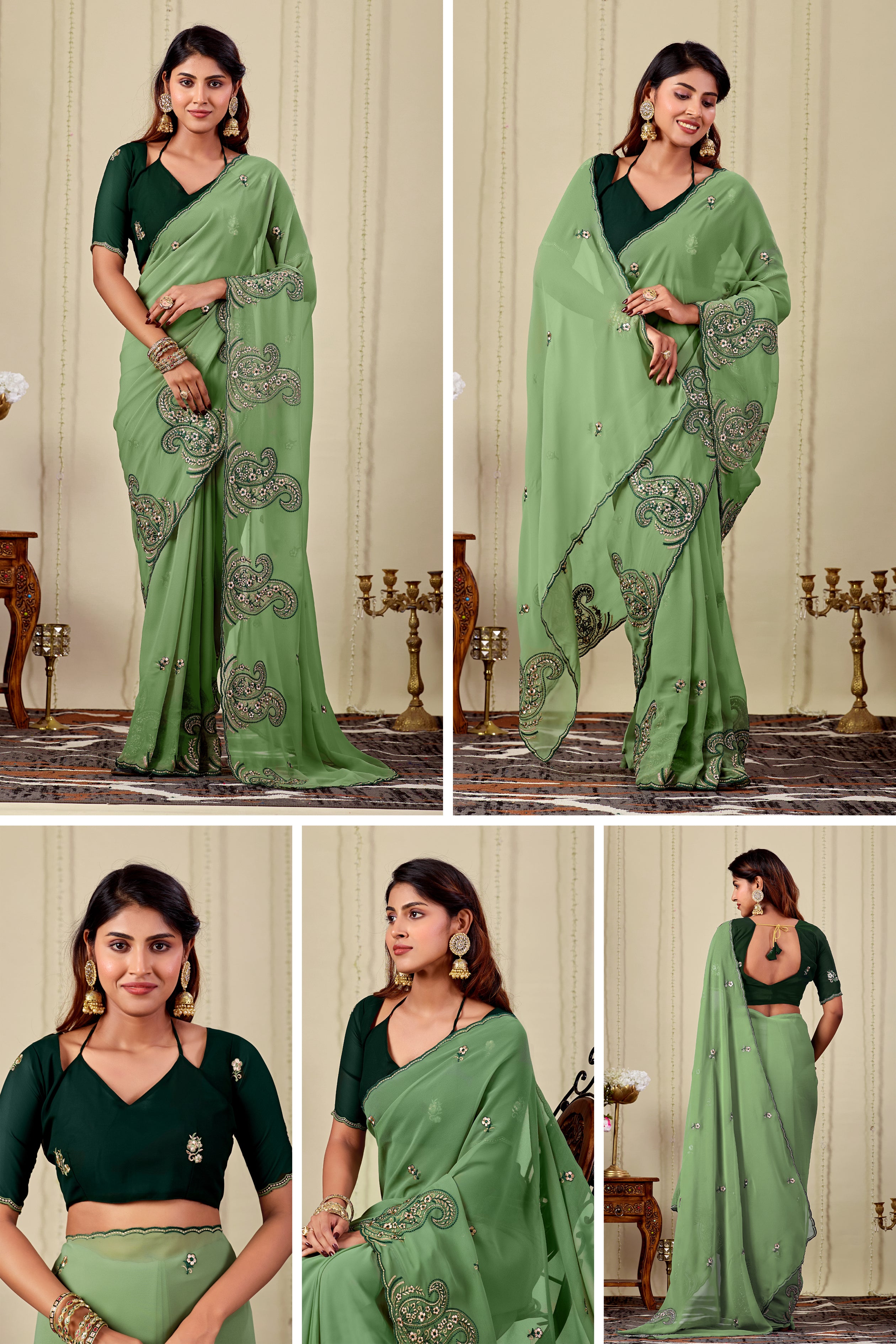 NIHARIKA Georgette Embellished Embroidered Saree - Dusty Pista
