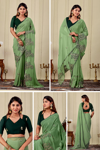 NIHARIKA Georgette Embellished Embroidered Saree - Dusty Pista