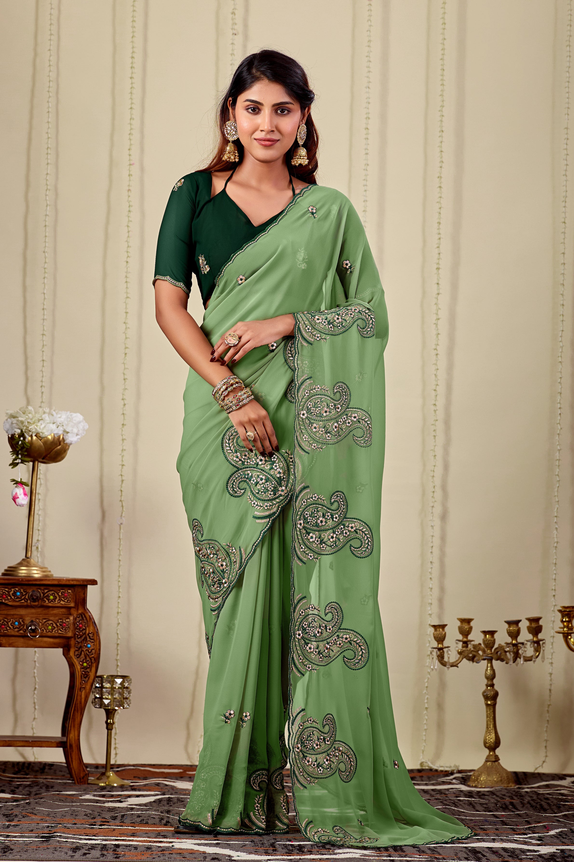 NIHARIKA Georgette Embellished Embroidered Saree - Dusty Pista