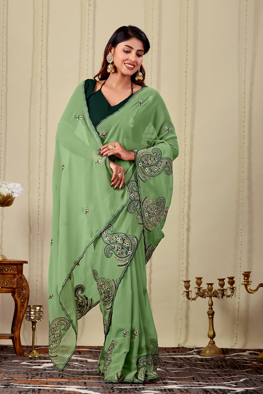NIHARIKA Georgette Embellished Embroidered Saree - Dusty Pista