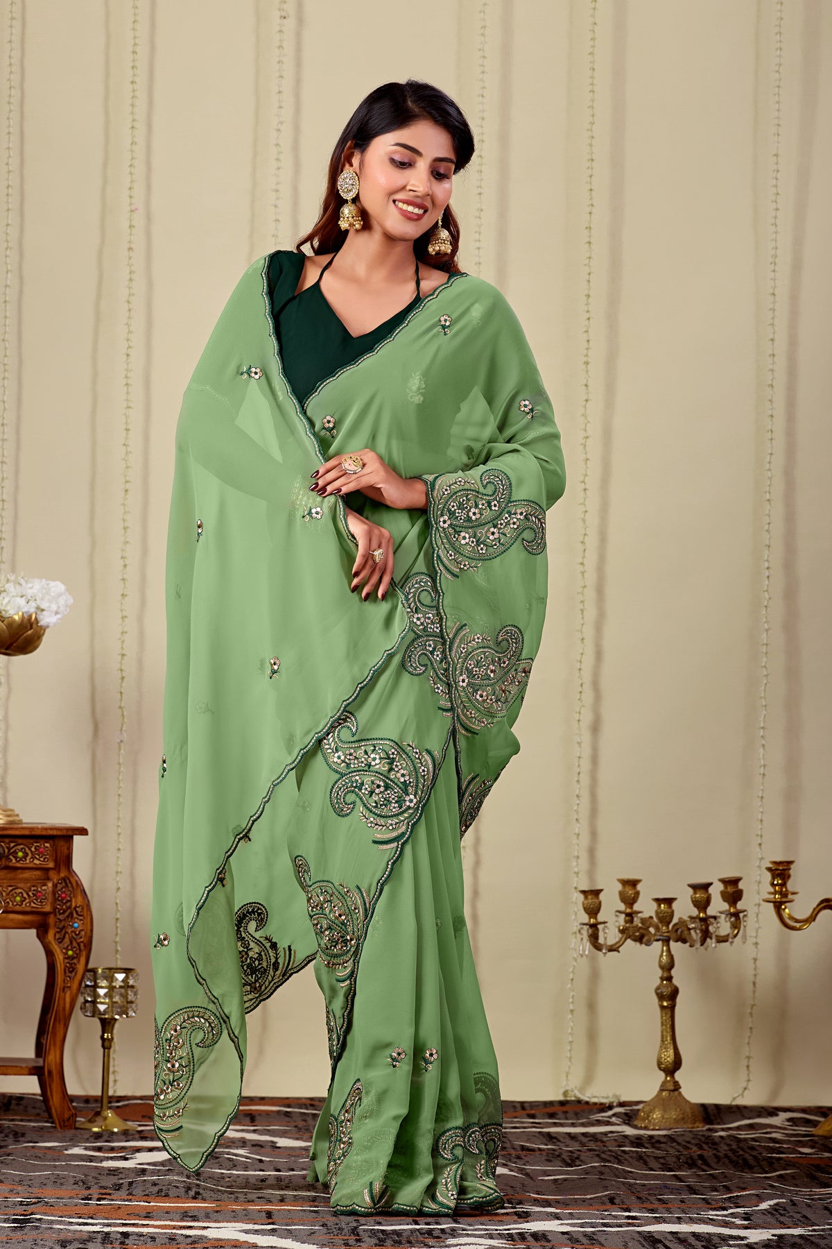 NIHARIKA Georgette Embellished Embroidered Saree - Dusty Pista