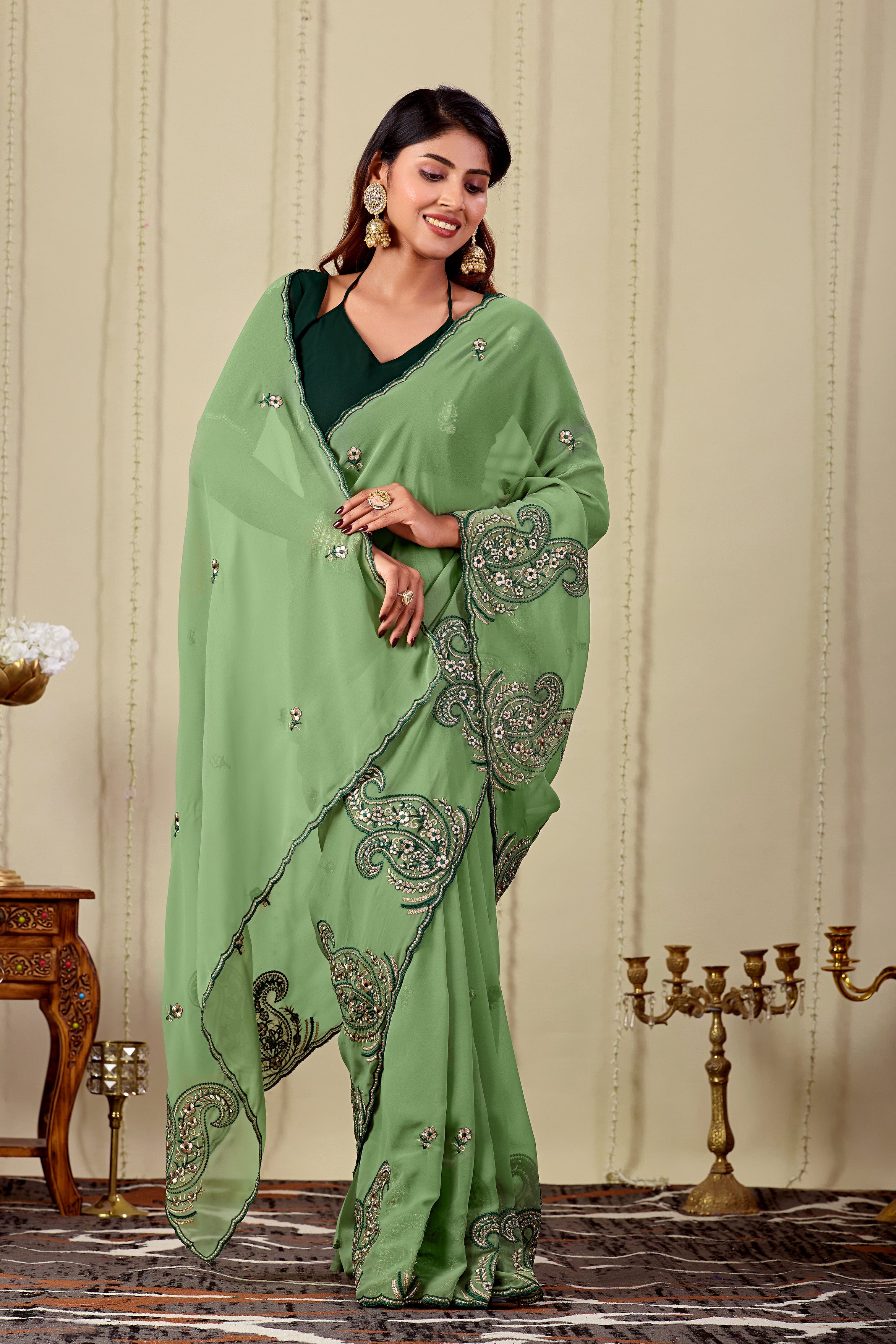 NIHARIKA Georgette Embellished Embroidered Saree - Dusty Pista