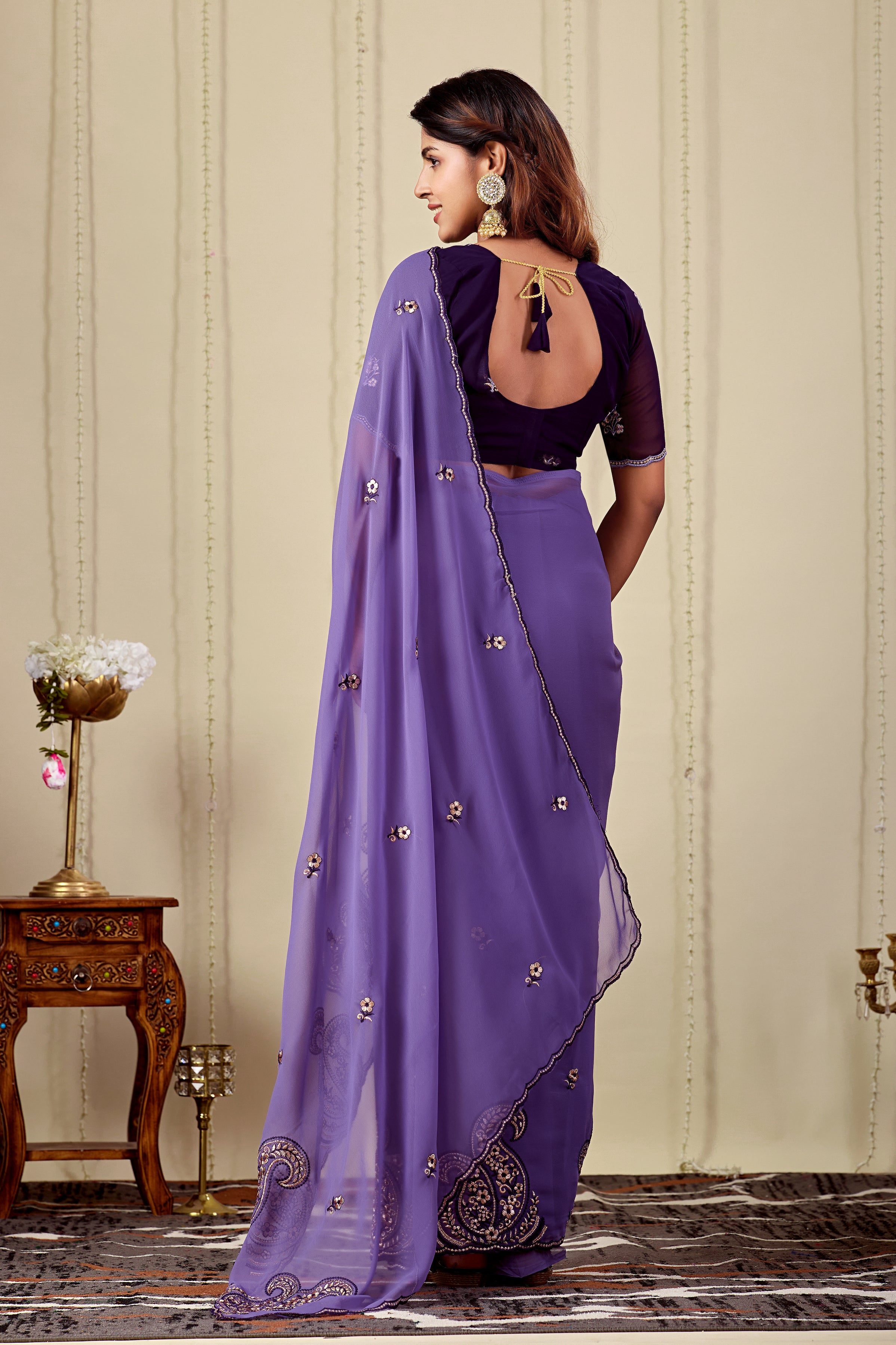 NIHARIKA Georgette Embellished Embroidered Saree - Dusty Purple