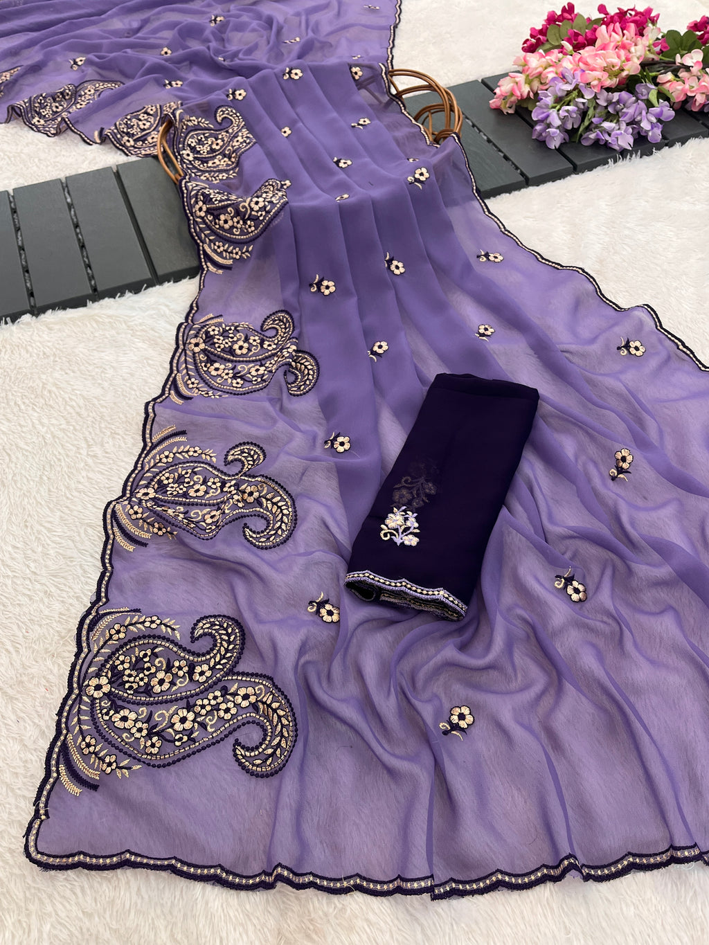 NIHARIKA Georgette Embellished Embroidered Saree - Dusty Purple