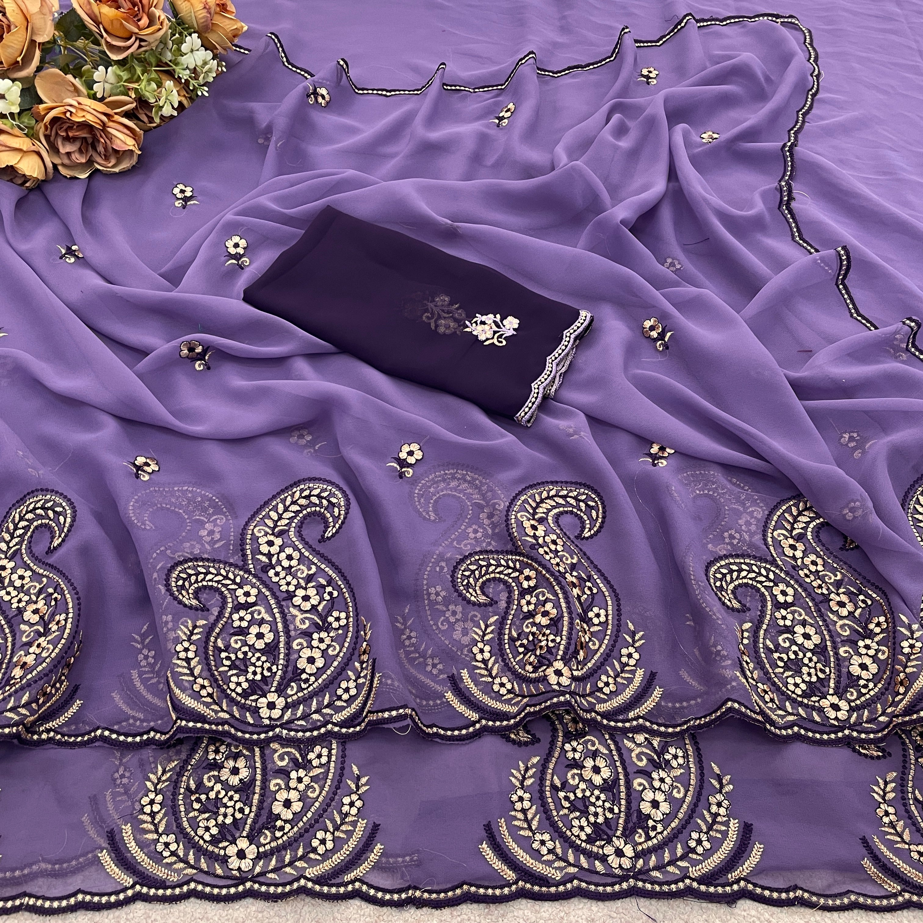 NIHARIKA Georgette Embellished Embroidered Saree - Dusty Purple