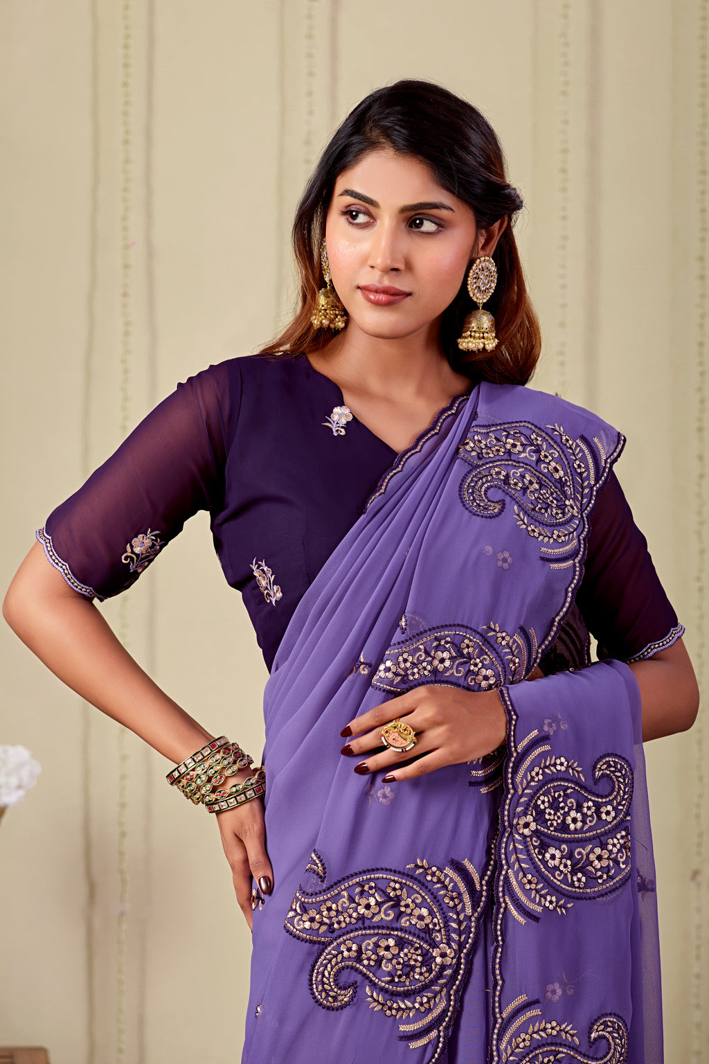 NIHARIKA Georgette Embellished Embroidered Saree - Dusty Purple
