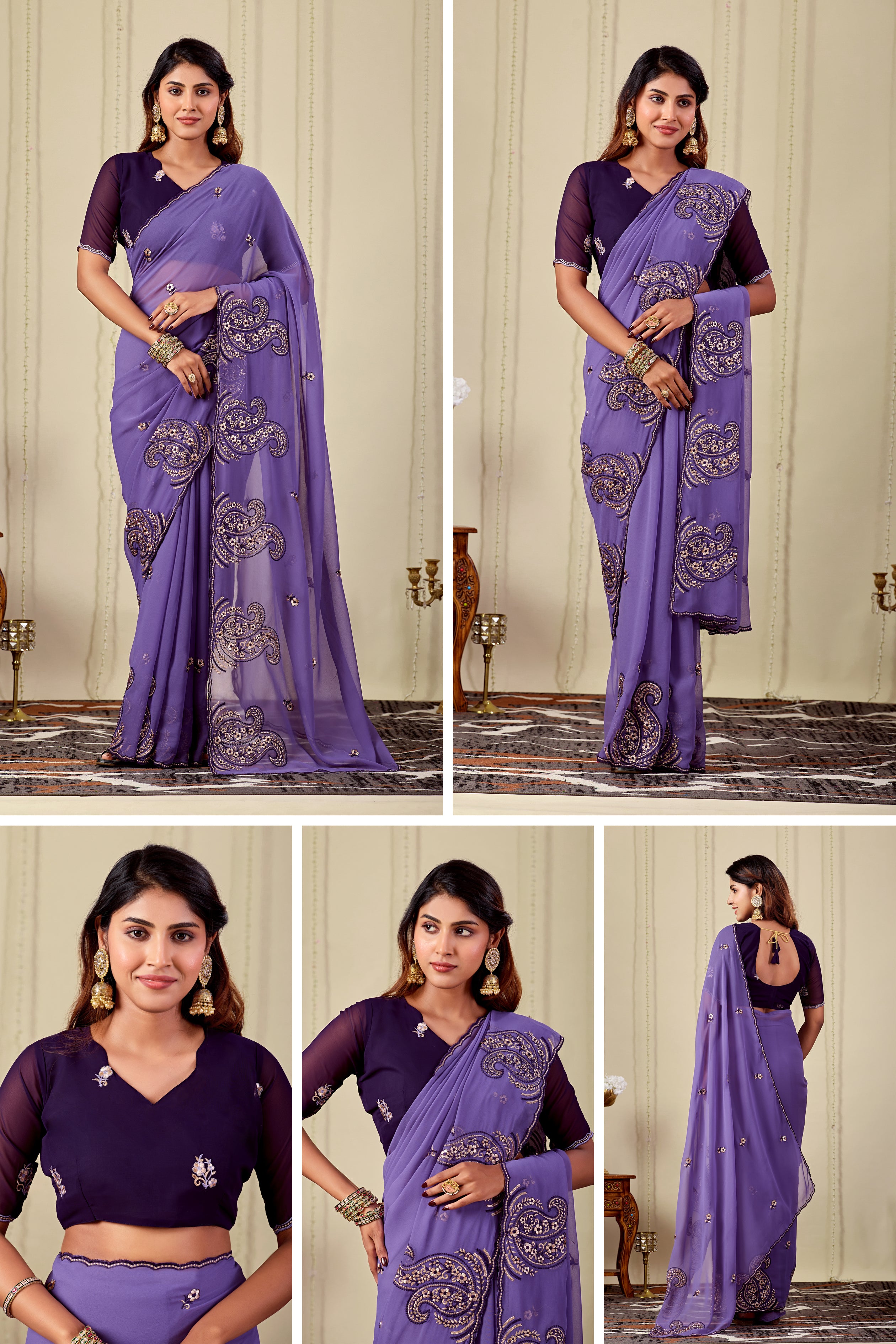 NIHARIKA Georgette Embellished Embroidered Saree - Dusty Purple