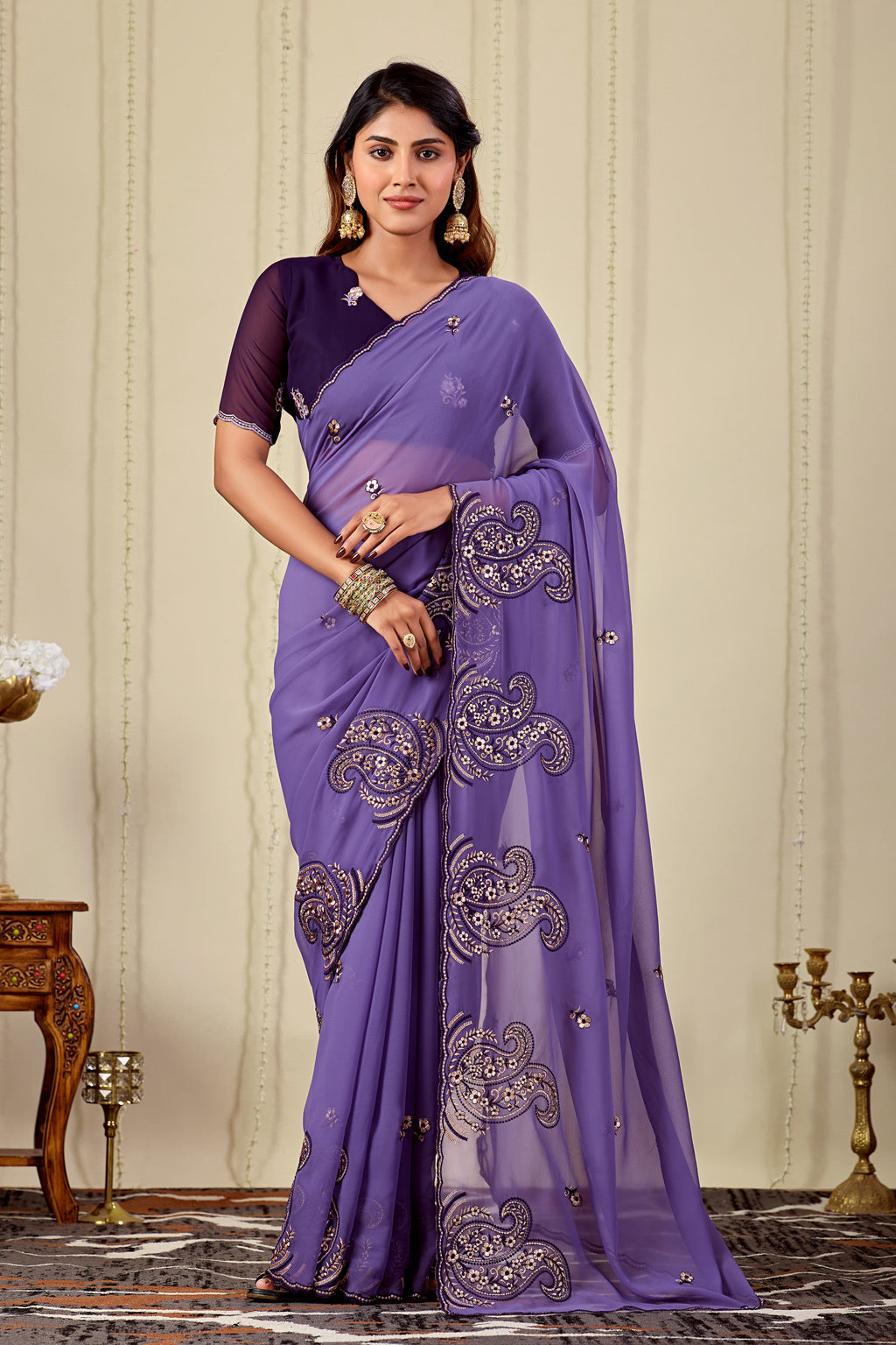 NIHARIKA Georgette Embellished Embroidered Saree - Dusty Purple