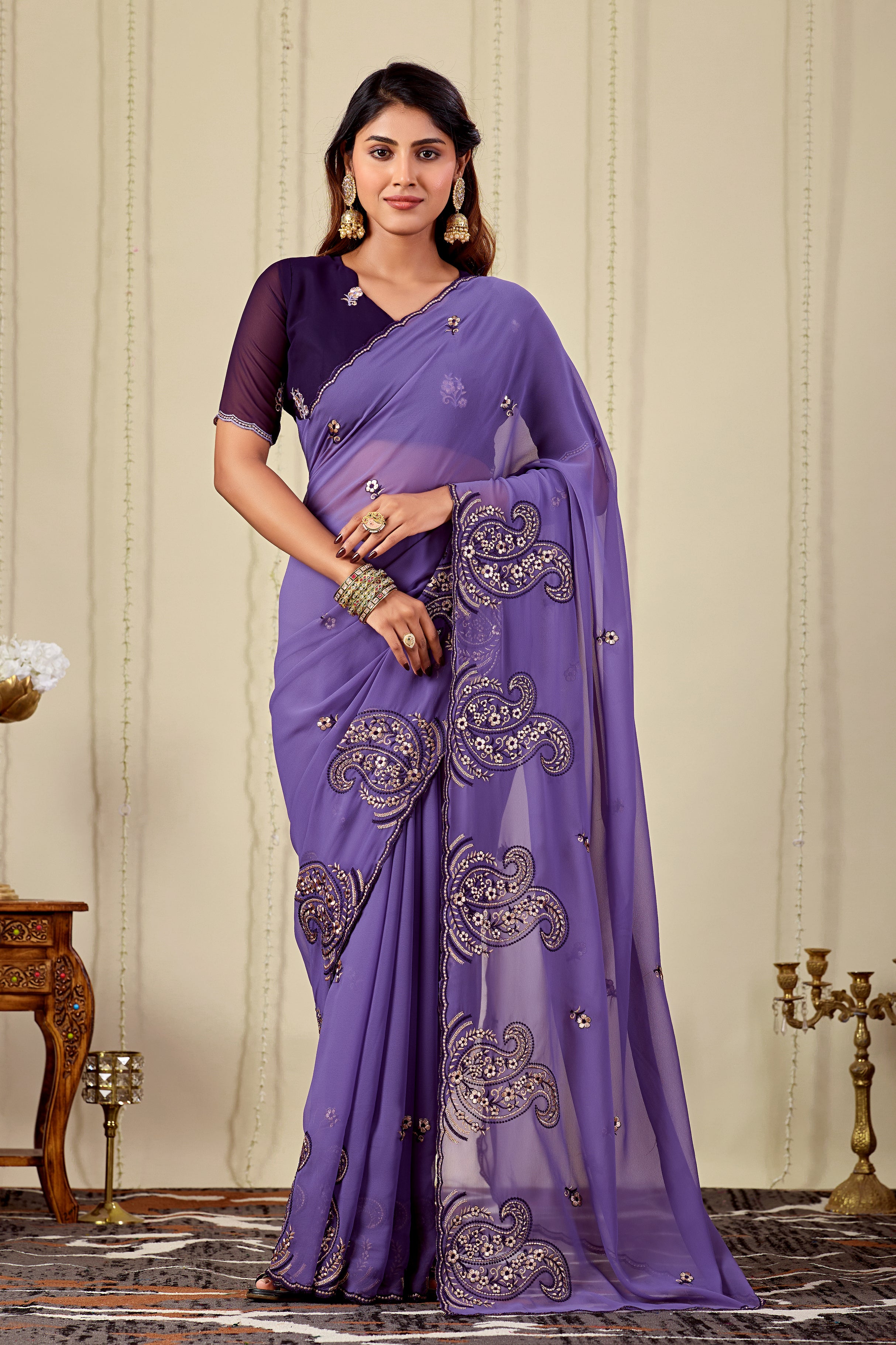 NIHARIKA Georgette Embellished Embroidered Saree - Dusty Purple