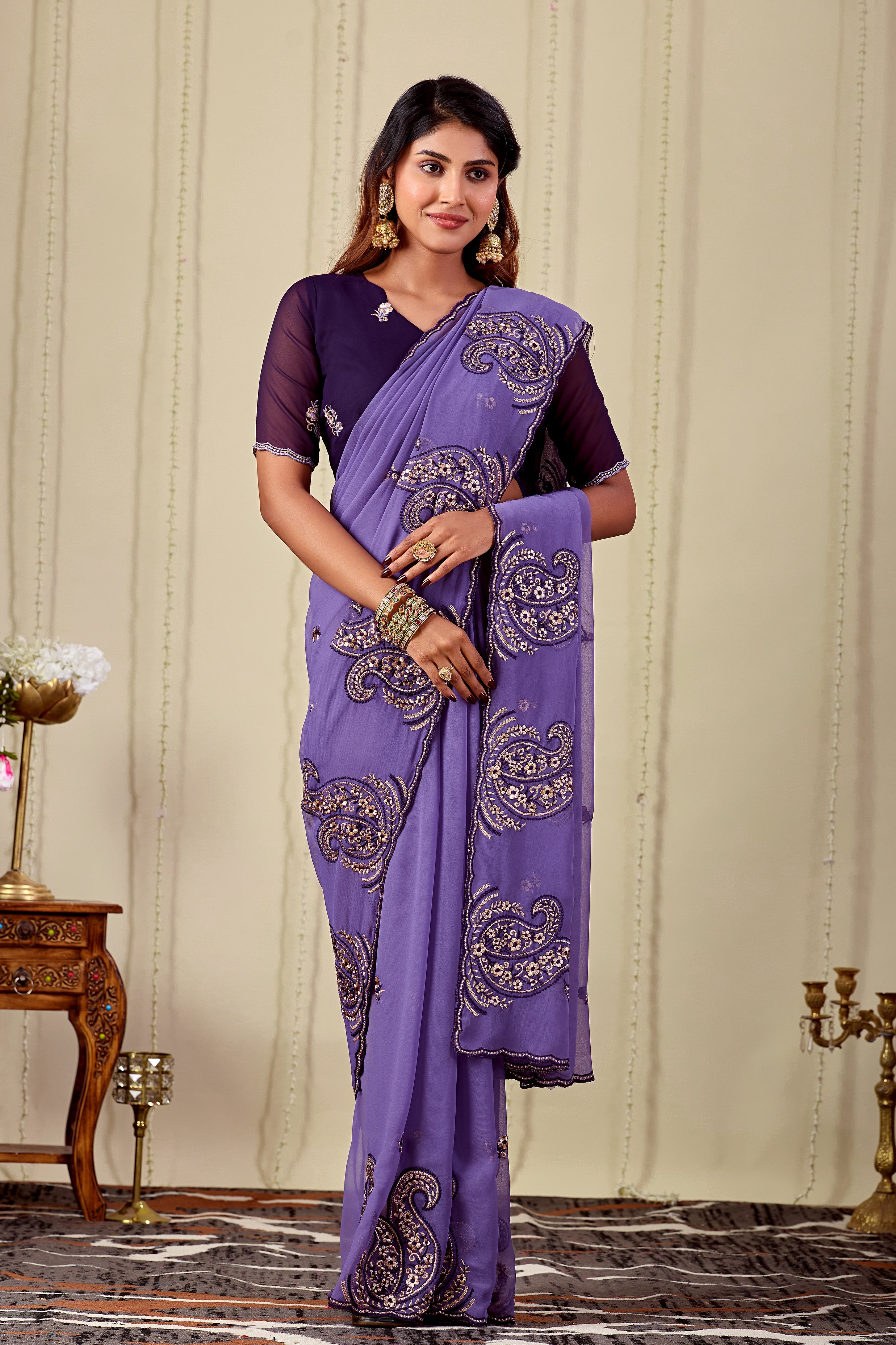 NIHARIKA Georgette Embellished Embroidered Saree - Dusty Purple