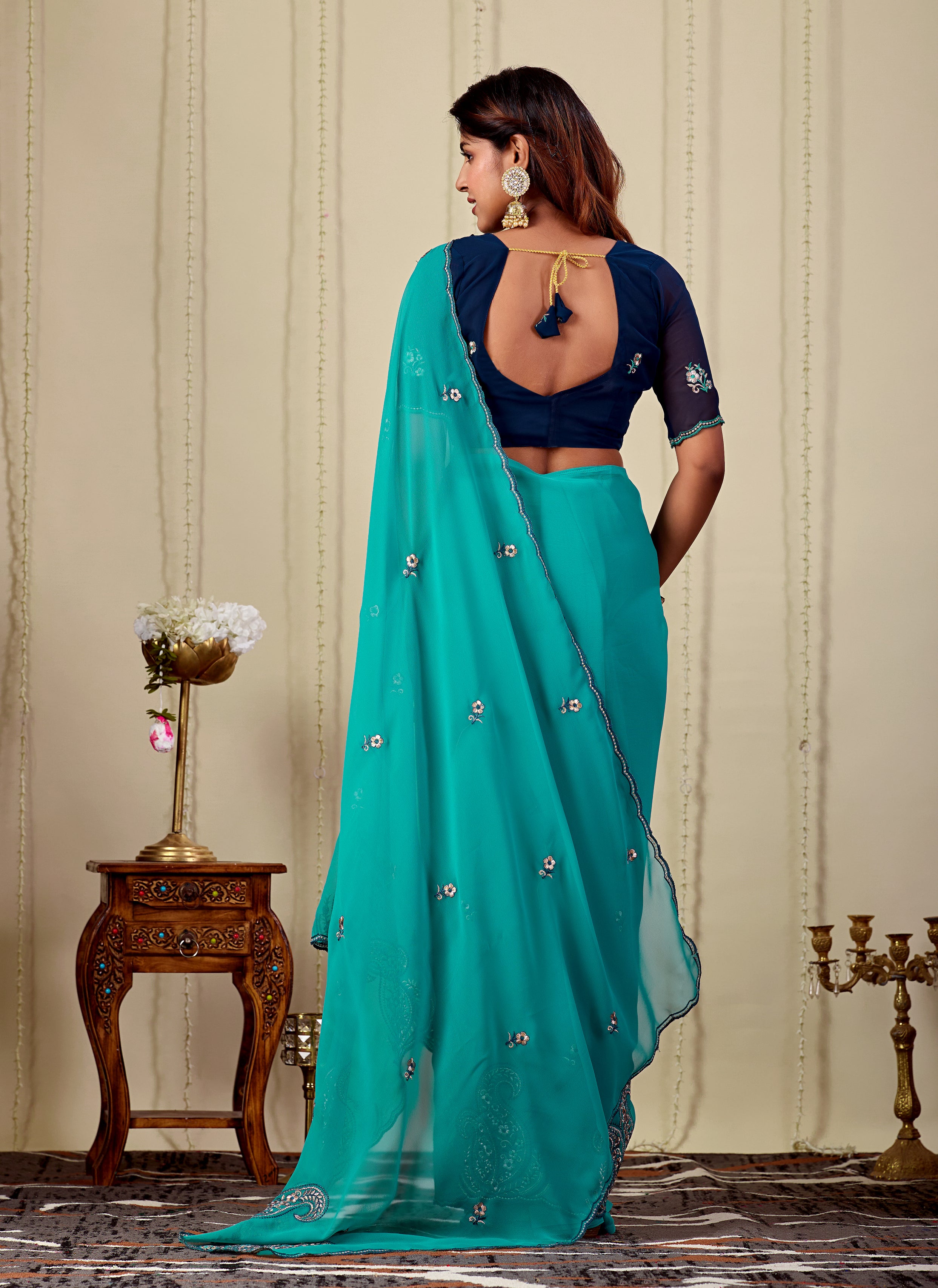 NIHARIKA Georgette Embellished Embroidered Saree - Dusty Sky