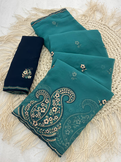 NIHARIKA Georgette Embellished Embroidered Saree - Dusty Sky