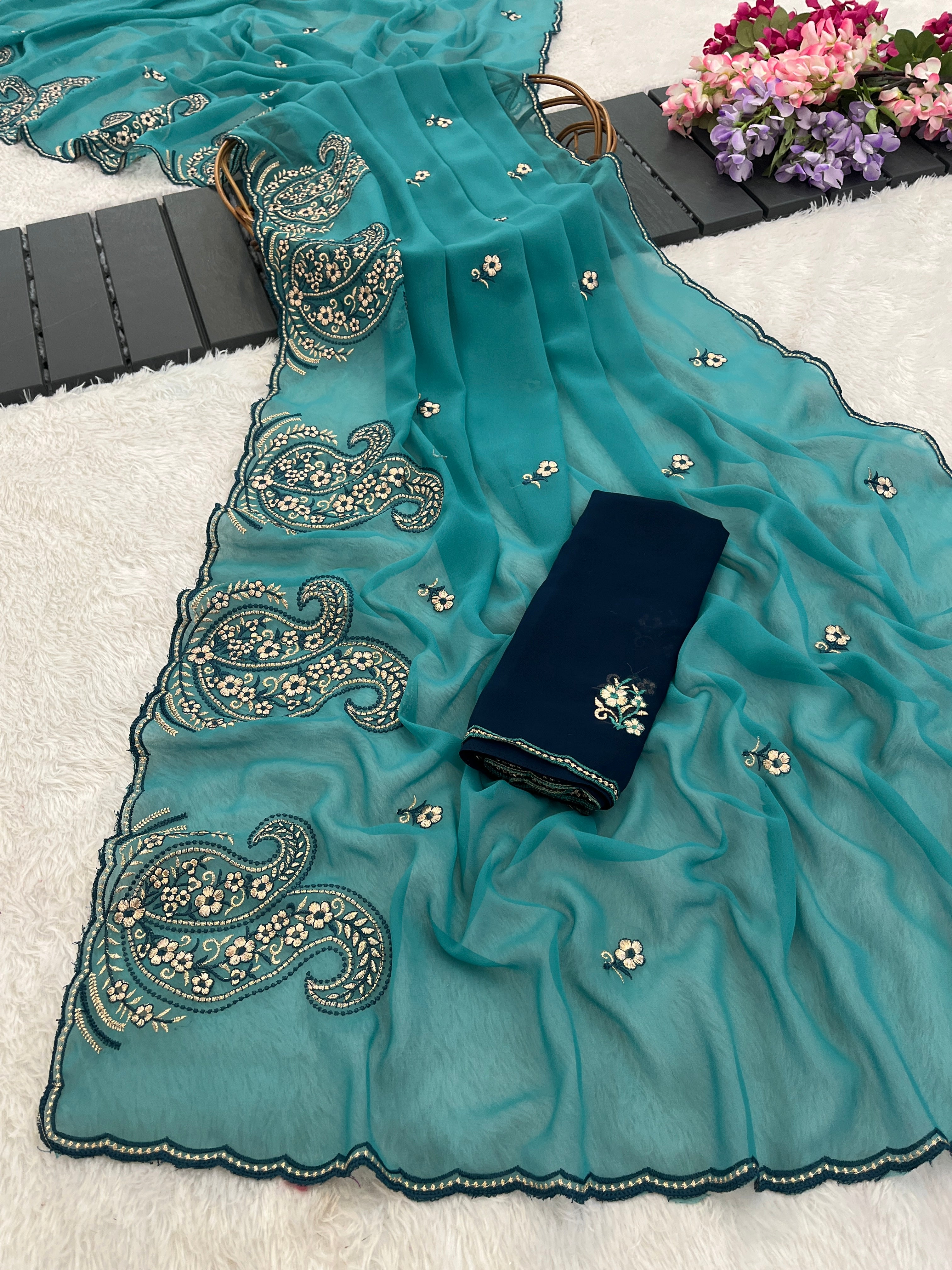 NIHARIKA Georgette Embellished Embroidered Saree - Dusty Sky