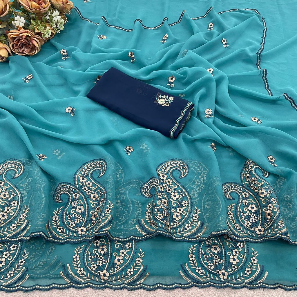 NIHARIKA Georgette Embellished Embroidered Saree - Dusty Sky