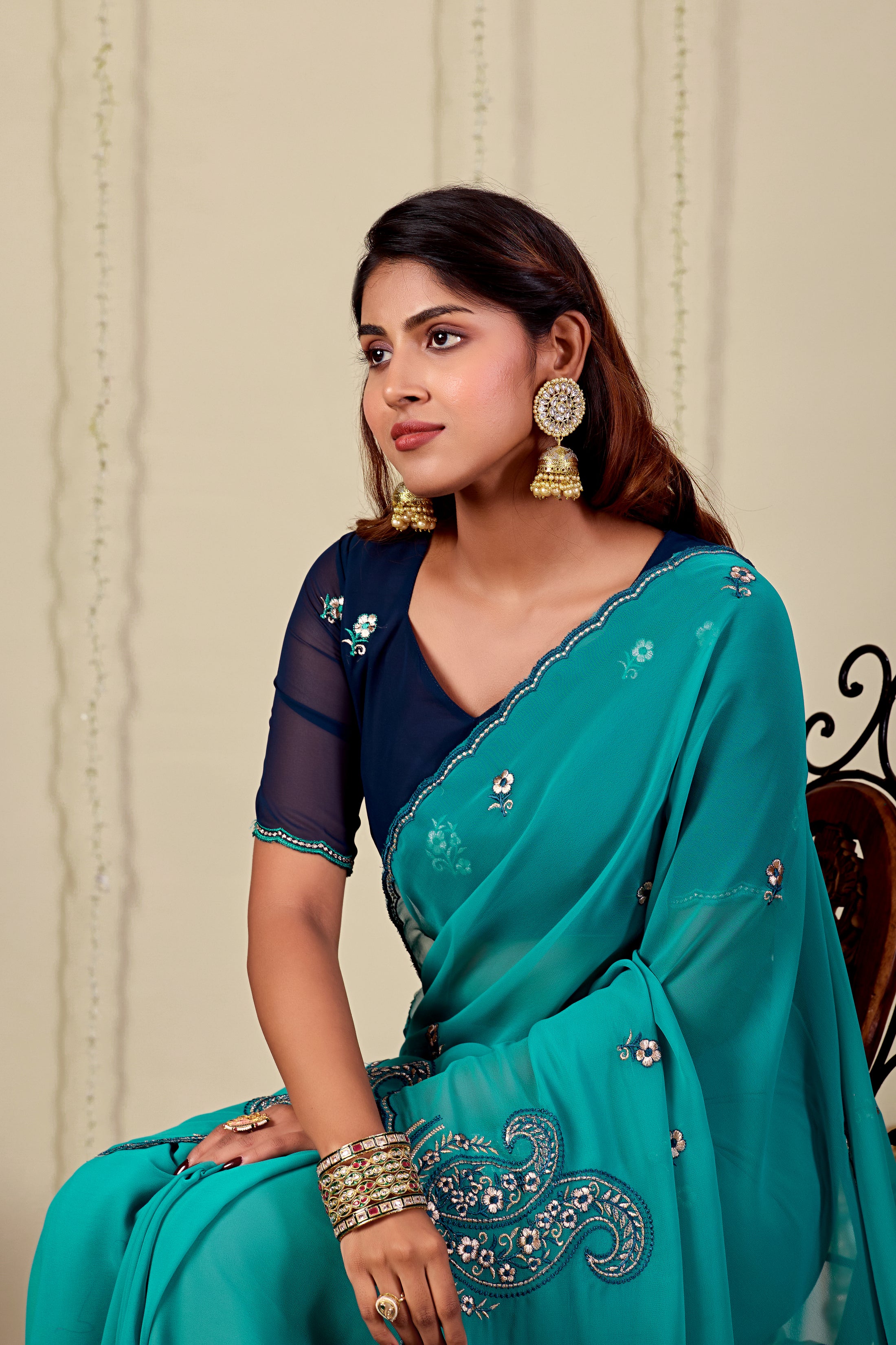 NIHARIKA Georgette Embellished Embroidered Saree - Dusty Sky