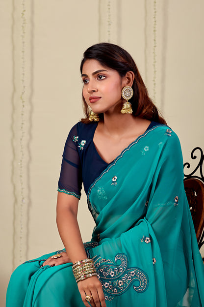 NIHARIKA Georgette Embellished Embroidered Saree - Dusty Sky