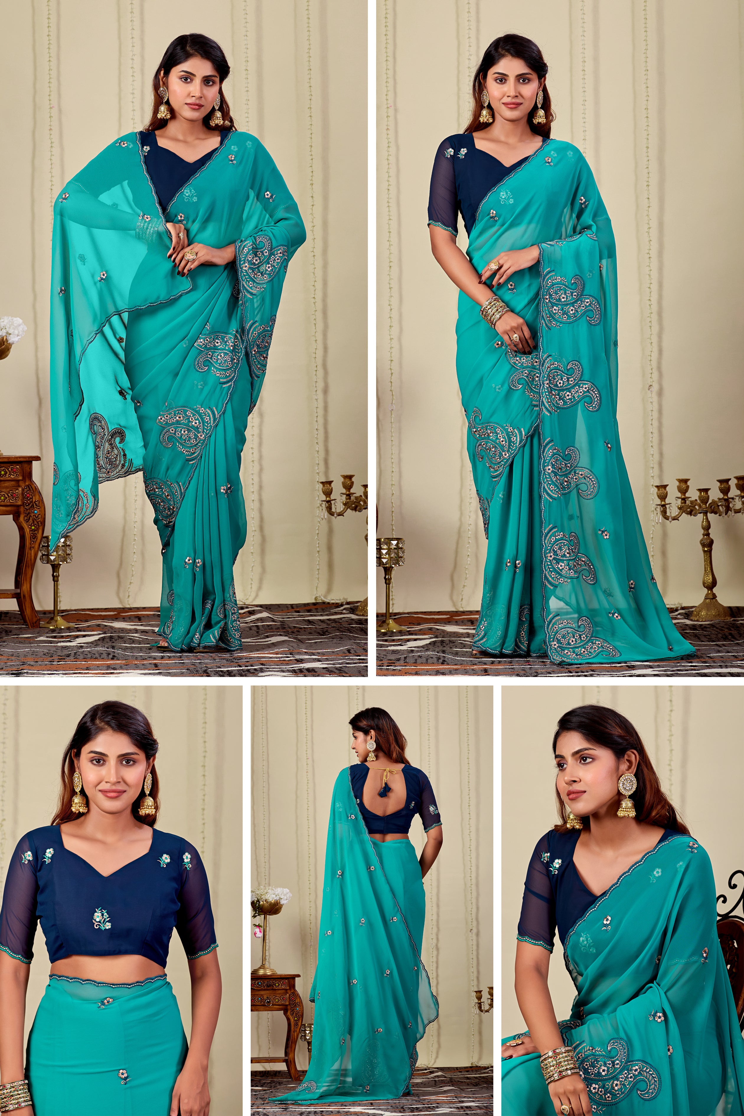 NIHARIKA Georgette Embellished Embroidered Saree - Dusty Sky