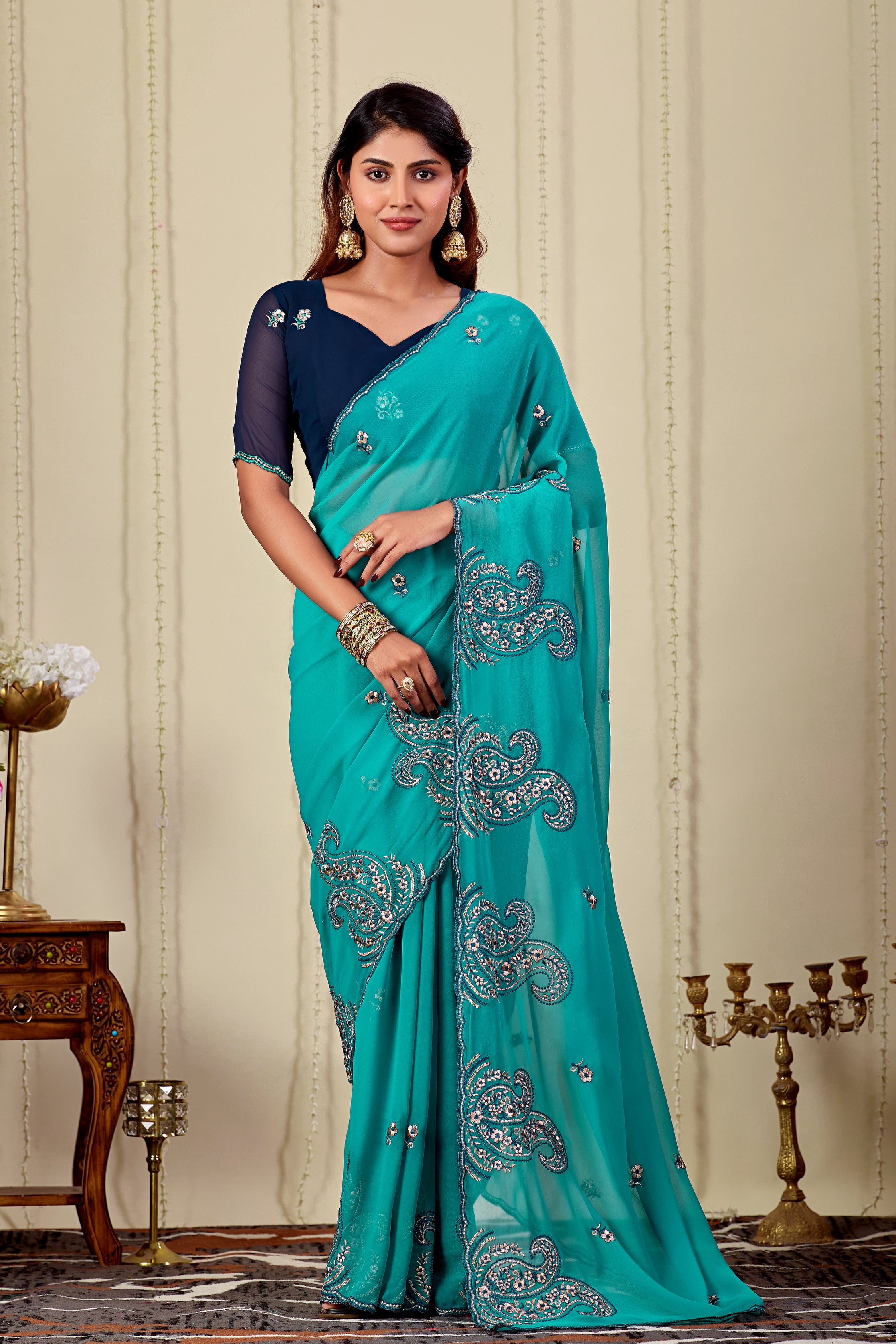 NIHARIKA Georgette Embellished Embroidered Saree - Dusty Sky