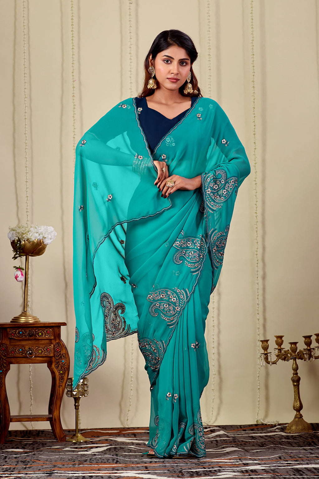 NIHARIKA Georgette Embellished Embroidered Saree - Dusty Sky