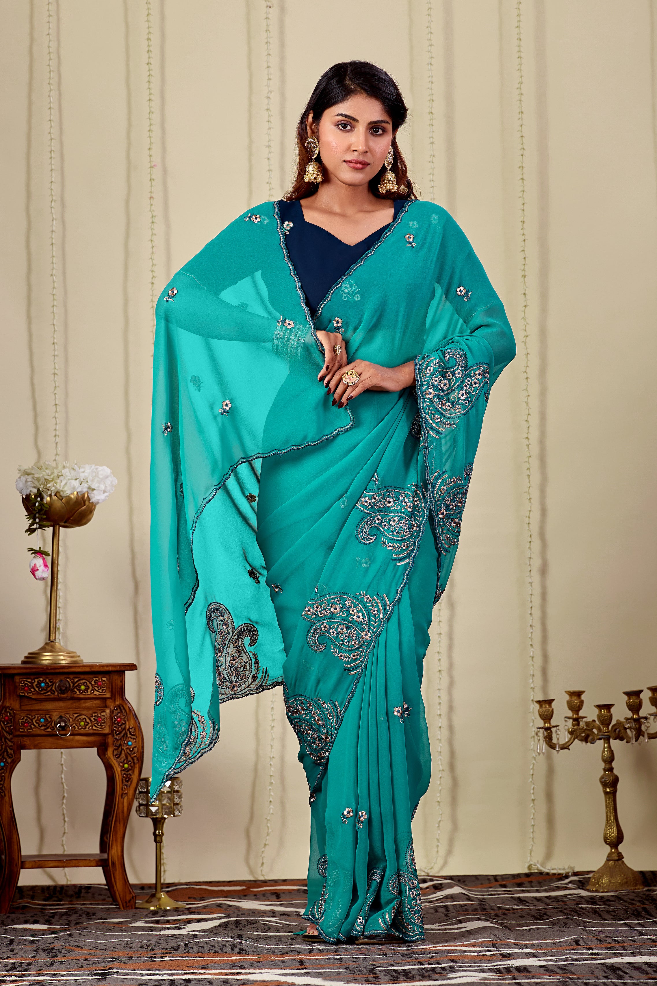 NIHARIKA Georgette Embellished Embroidered Saree - Dusty Sky