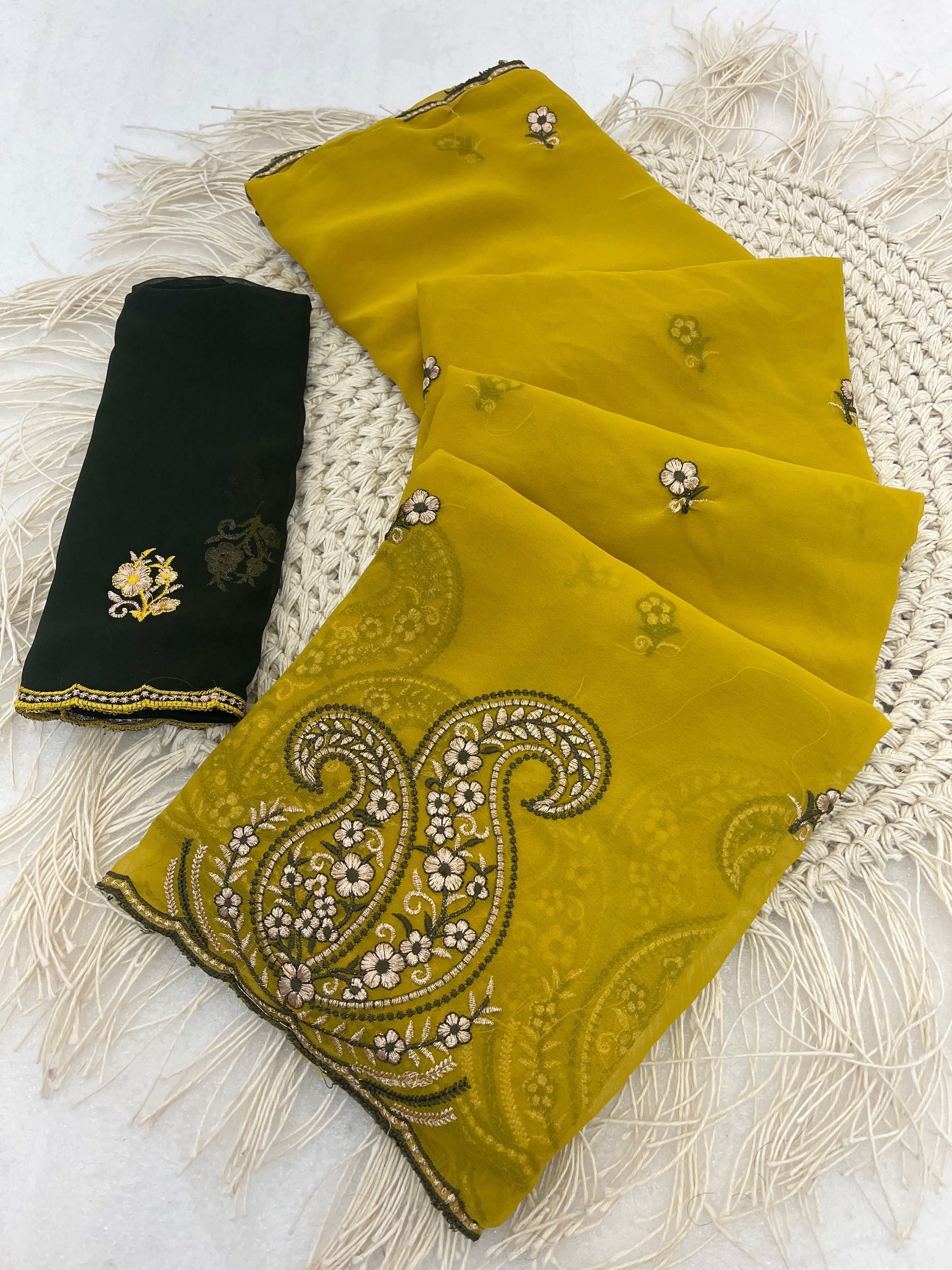 NIHARIKA Georgette Embellished Embroidered Saree - Dusty Yellow