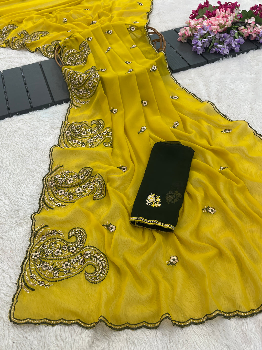 NIHARIKA Georgette Embellished Embroidered Saree - Dusty Yellow