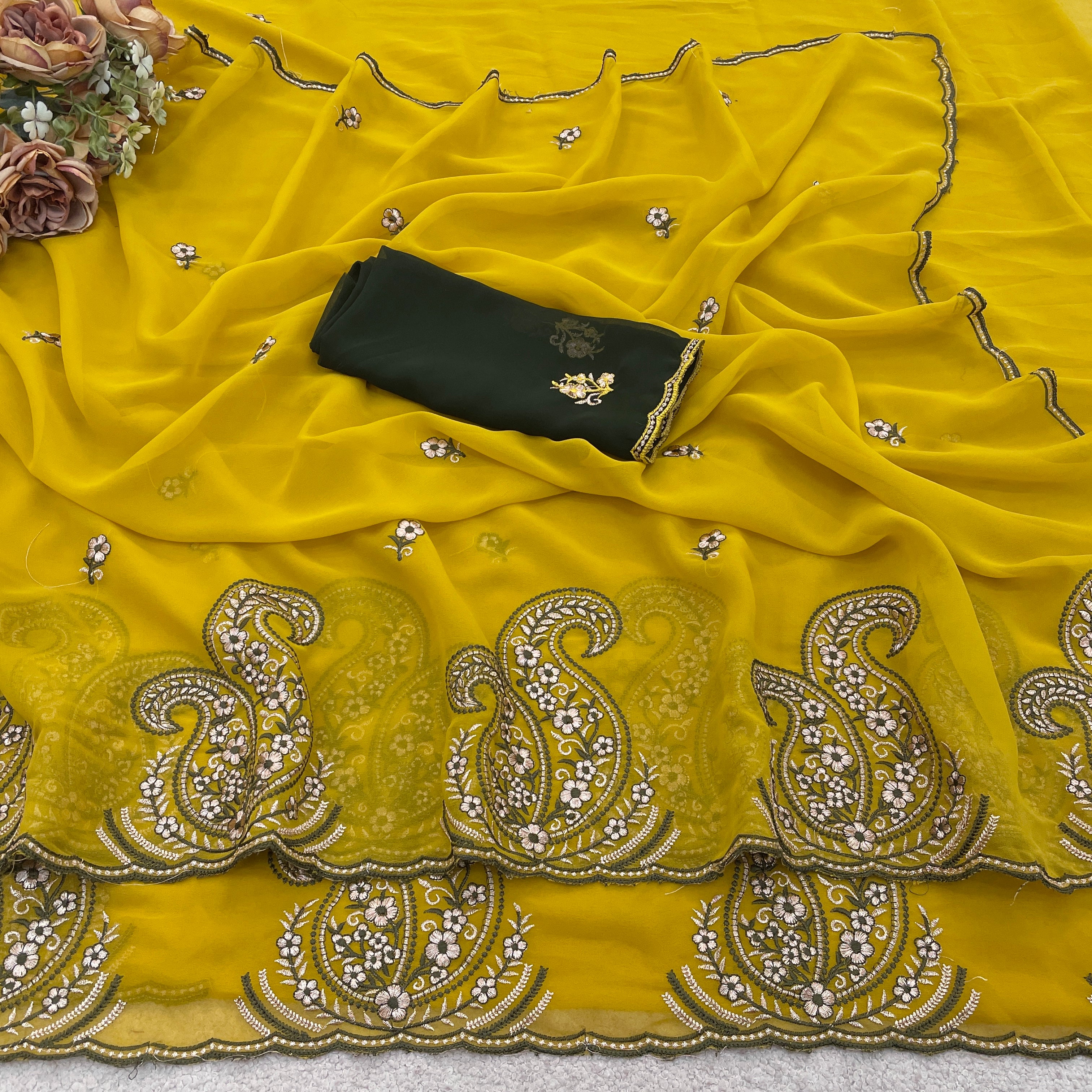 NIHARIKA Georgette Embellished Embroidered Saree - Dusty Yellow