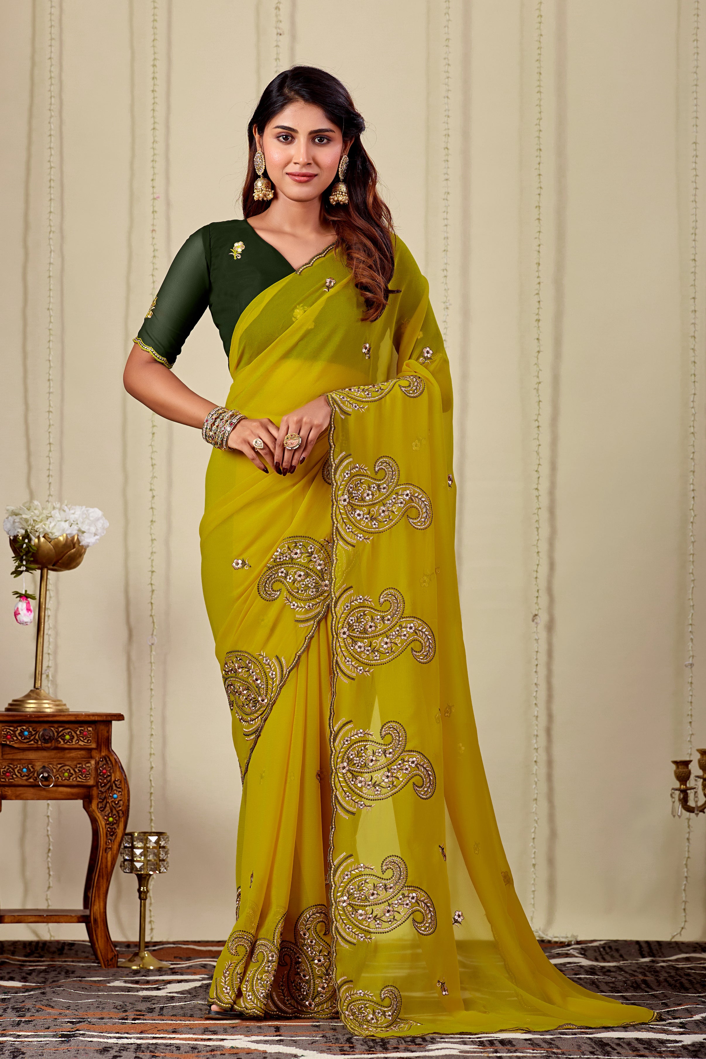 NIHARIKA Georgette Embellished Embroidered Saree - Dusty Yellow
