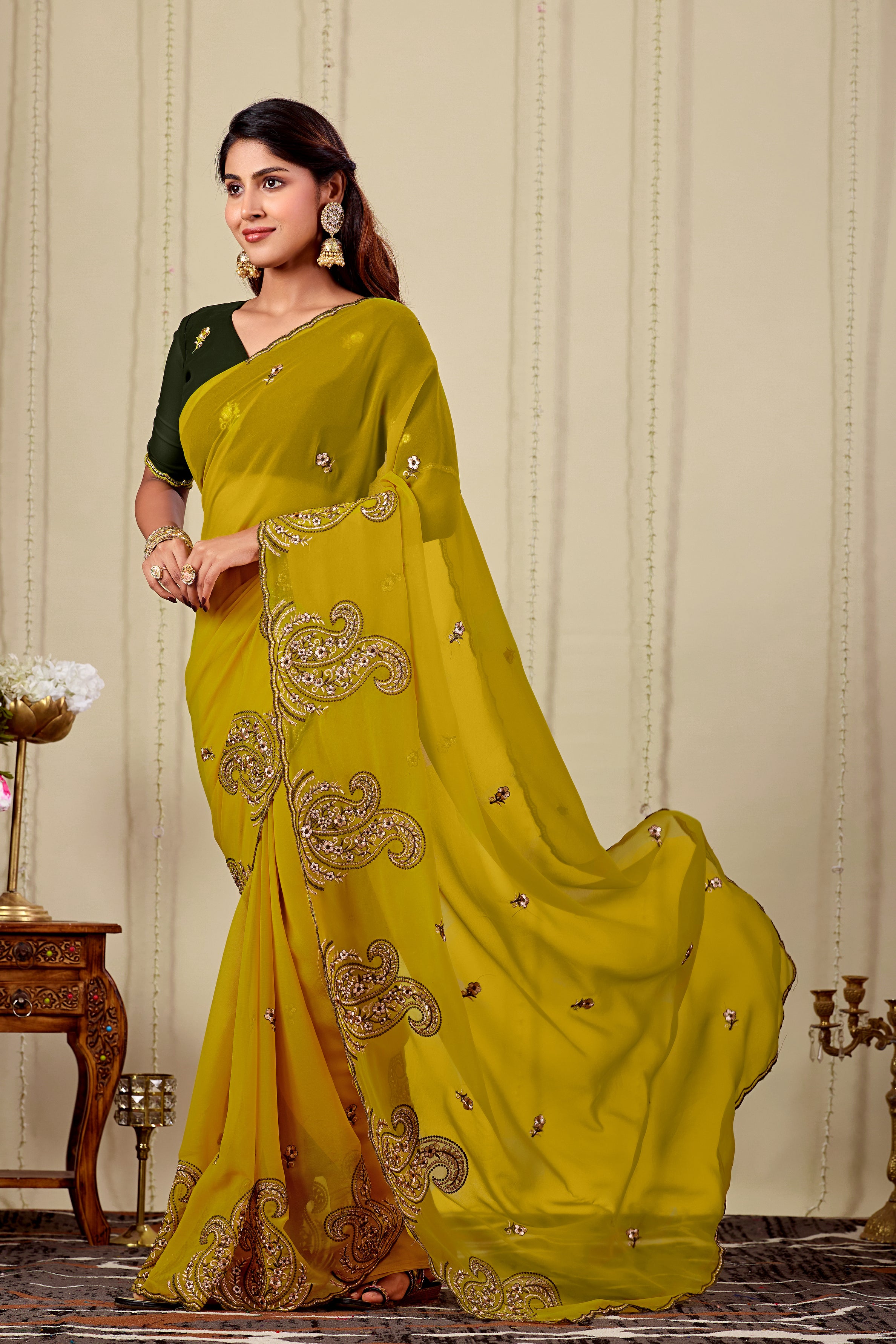 NIHARIKA Georgette Embellished Embroidered Saree - Dusty Yellow