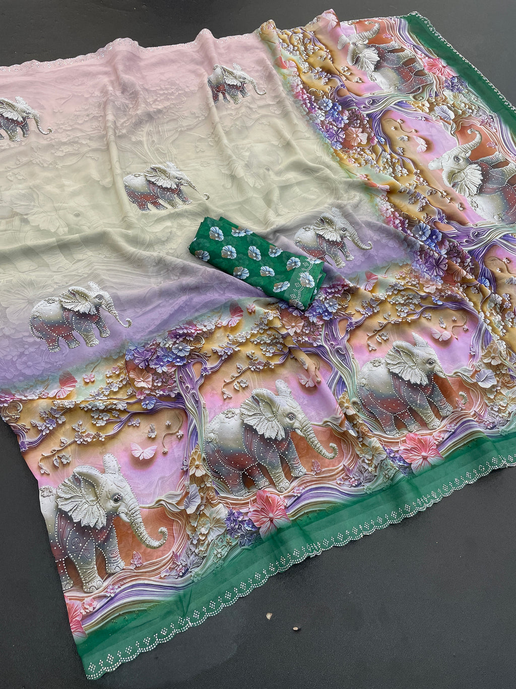 NIRALI Georgette Digital Floral Printed Saree - Bottle Green