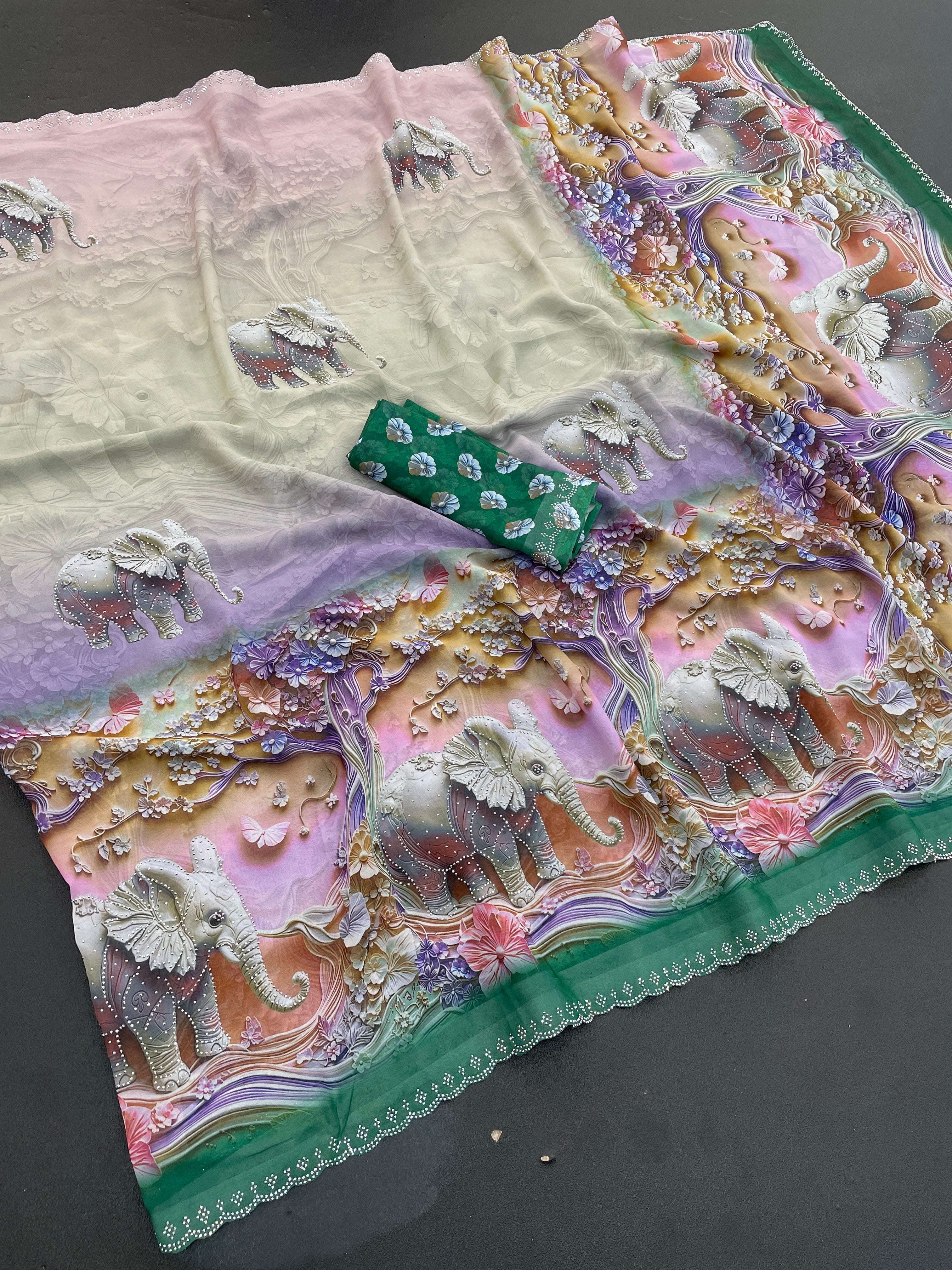 NIRALI Georgette Digital Floral Printed Saree - Bottle Green