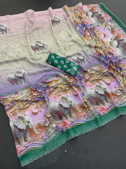 NIRALI Georgette Digital Floral Printed Saree - Bottle Green