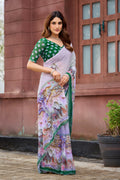 NIRALI Georgette Digital Floral Printed Saree - Bottle Green