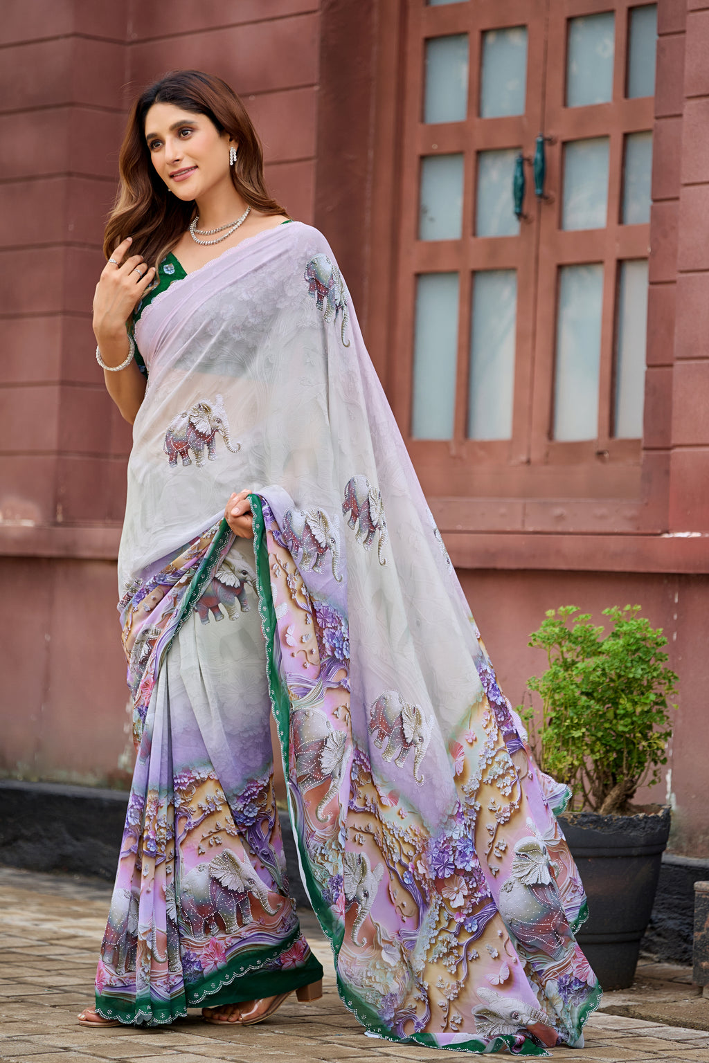 NIRALI Georgette Digital Floral Printed Saree - Bottle Green