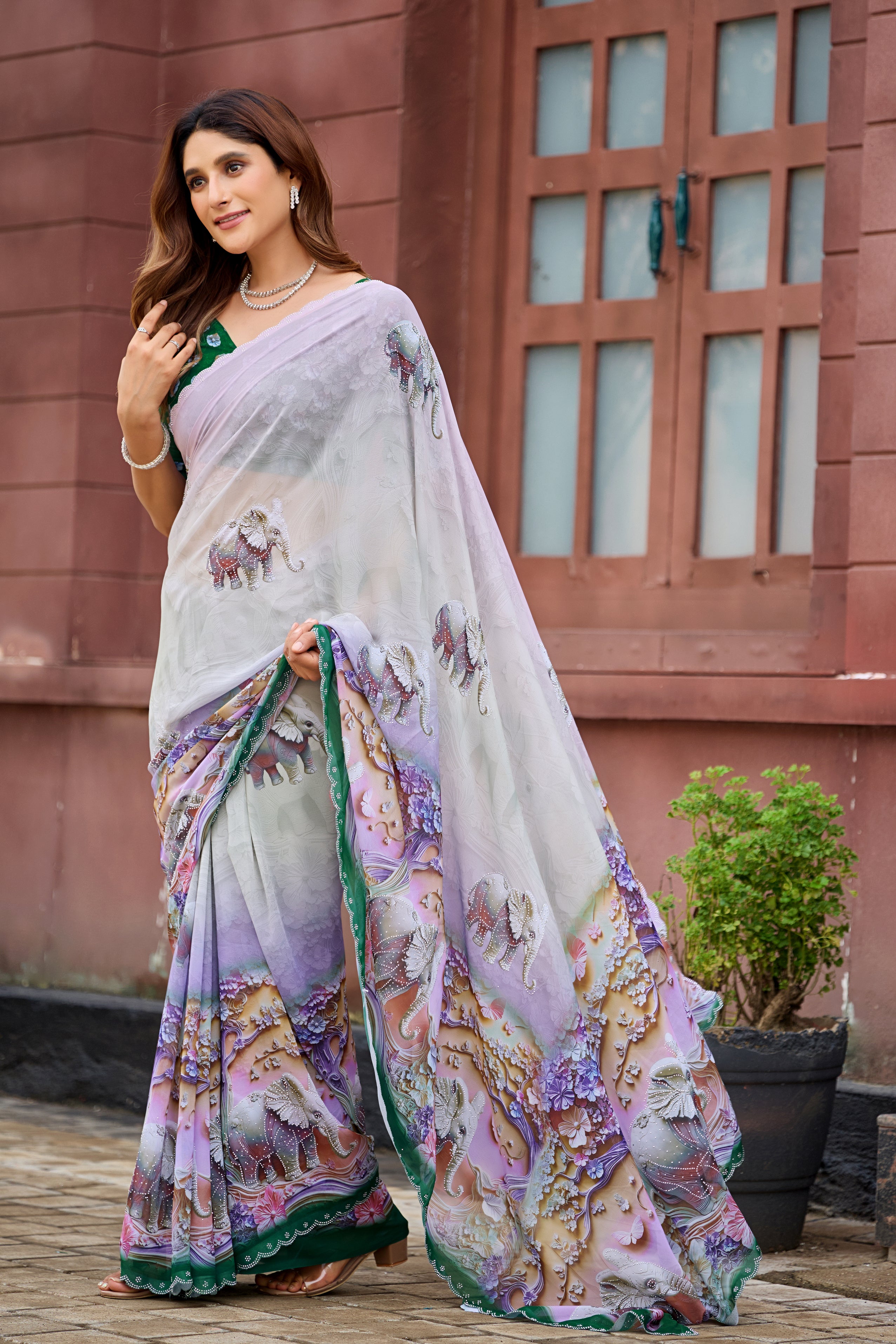 NIRALI Georgette Digital Floral Printed Saree - Bottle Green