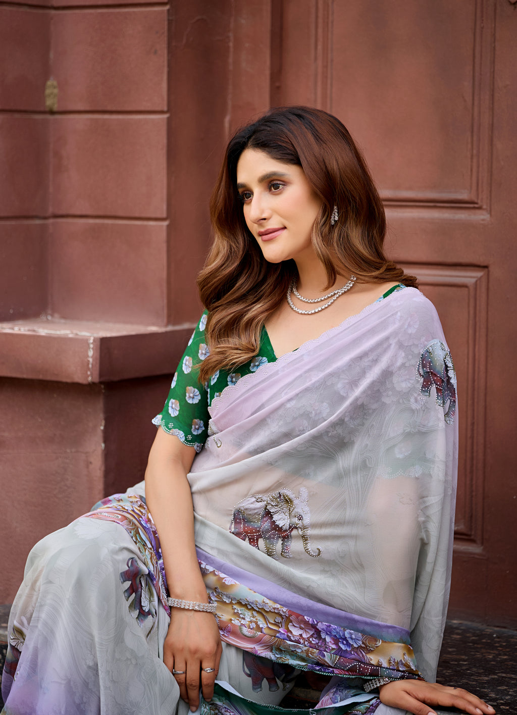 NIRALI Georgette Digital Floral Printed Saree - Bottle Green