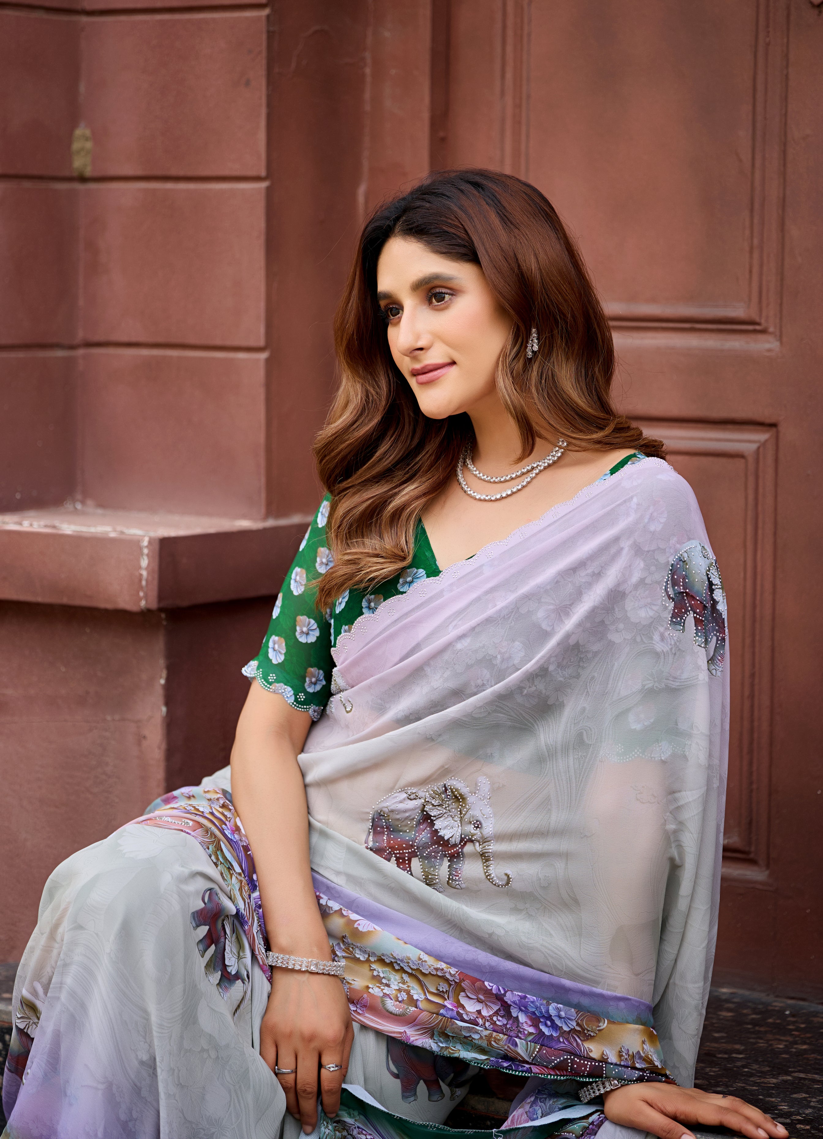 NIRALI Georgette Digital Floral Printed Saree - Bottle Green