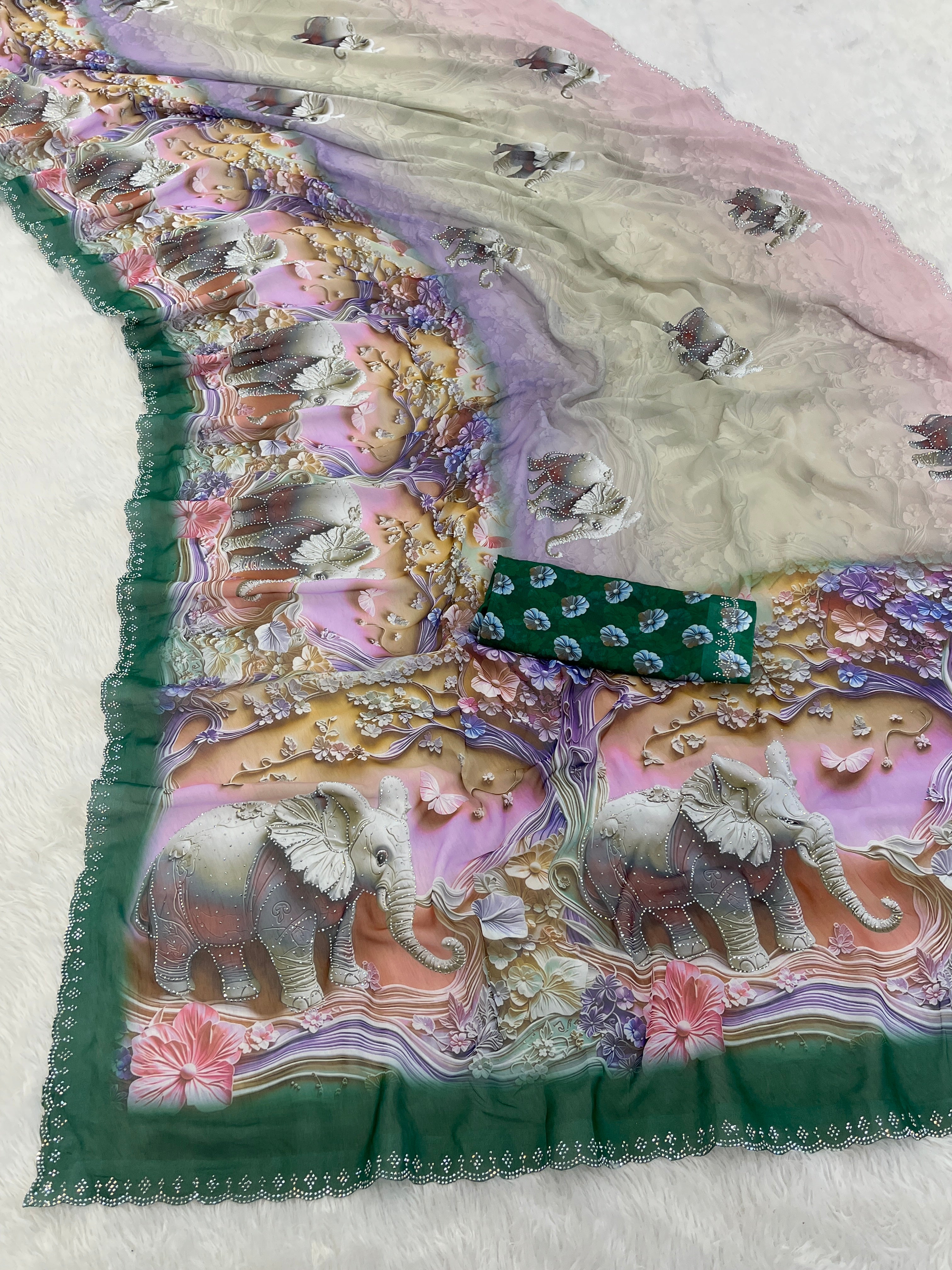 NIRALI Georgette Digital Floral Printed Saree - Bottle Green